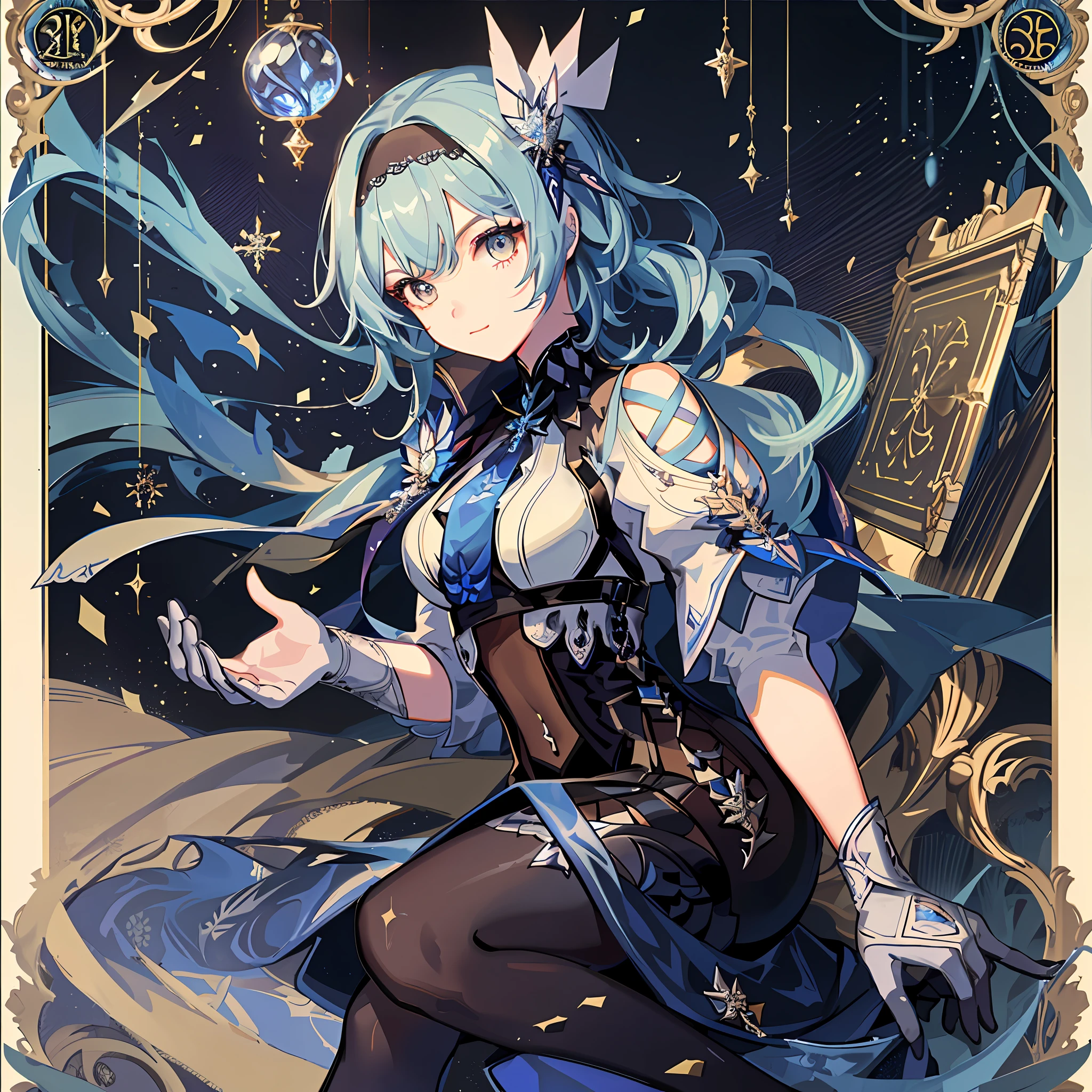 Delicate beautiful CG artwork), (Best Quality, Ultra Detailed, High Resolution), (Dynamic Angle, Dynamic Lighting), (1 Girl), (Masterpiece, Top Quality, Best Quality, Official Art, Beauty and Aesthetics: 1.2), (1 Girl: 1.3), (Fractal Art: 1.3), Cards, Tarot Cards, Blue Hair, Black Headband, Snowflake Hair Accessories (Good Lighting: 1.1), ((High Resolution)), Tarot Card Style Best Quality, 1 Girl, EULA \ (Genshin Impact), Blue hair, blonde eyes, short hair, black headband, hair accessories, look at the audience, blue tie, snowflake, wave, smile, cyberpunk, tarot card style