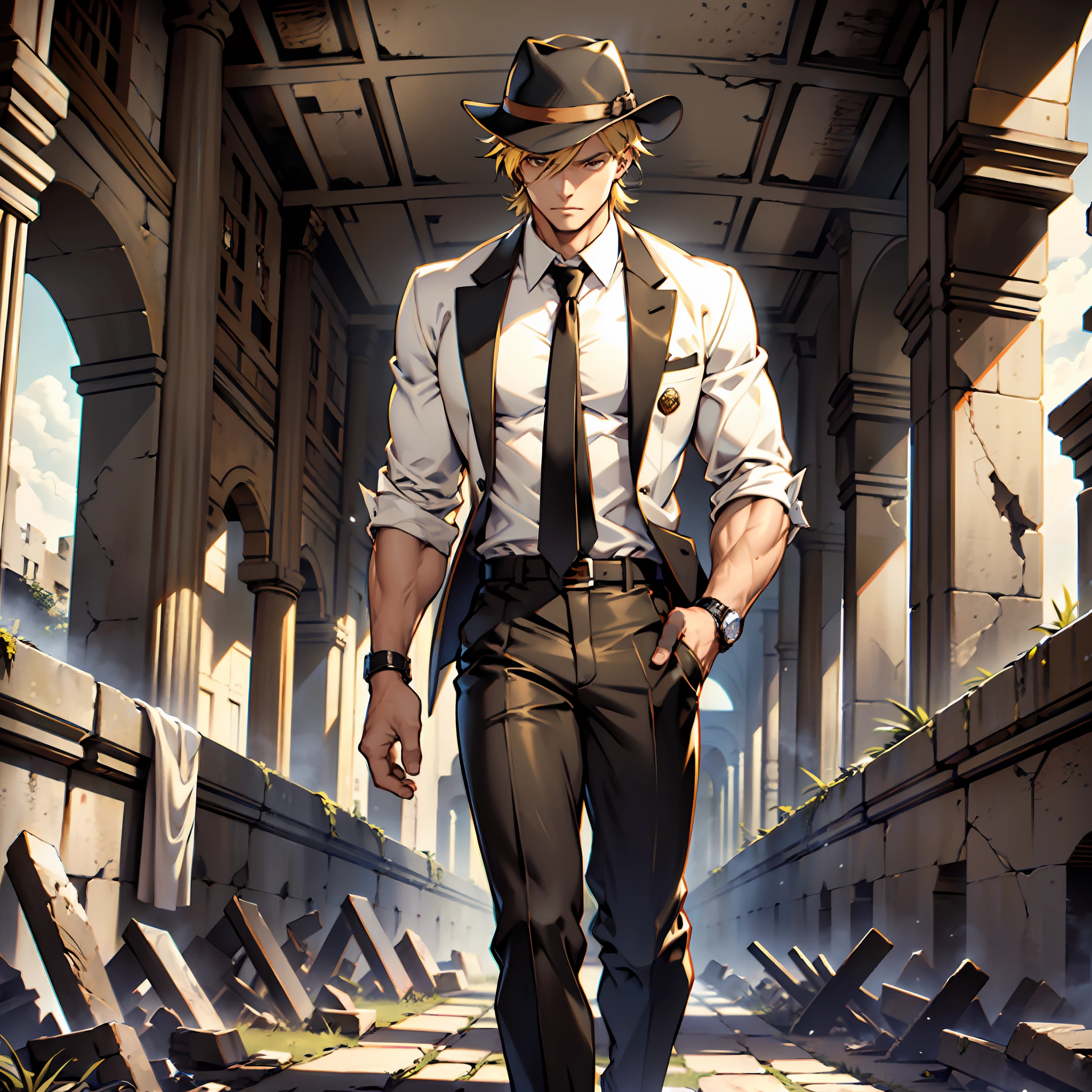 Gorgeous man, strong physique, burnt yellow social blouse, long white pants, black colored social shoes, blonde hair split in the middle, short hair, straight hair, brown colored eyes, slender appearance, elegant, brown tie, indifferent look, ancient kingdom, walking over ruins, man in his 60s, fedora hat.