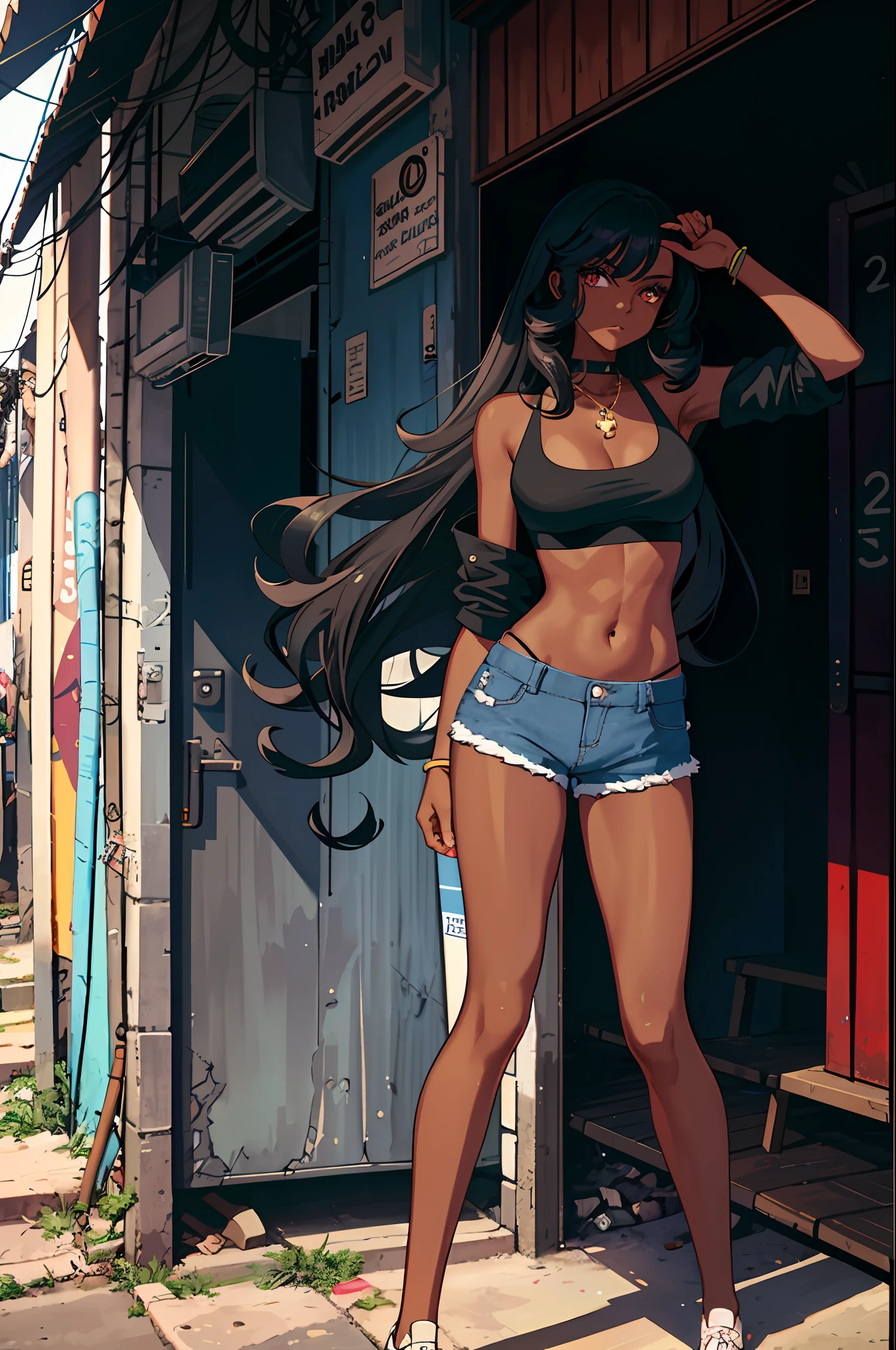 1girl, masterpiece, best_quality, Dark-skinned_female brasilian, black curly hair,_eyes, black, large_breasts, Make up, Shorts, denim_shorts, crop_top, navel, midriff, toned, walking in favela (abs:0.8),