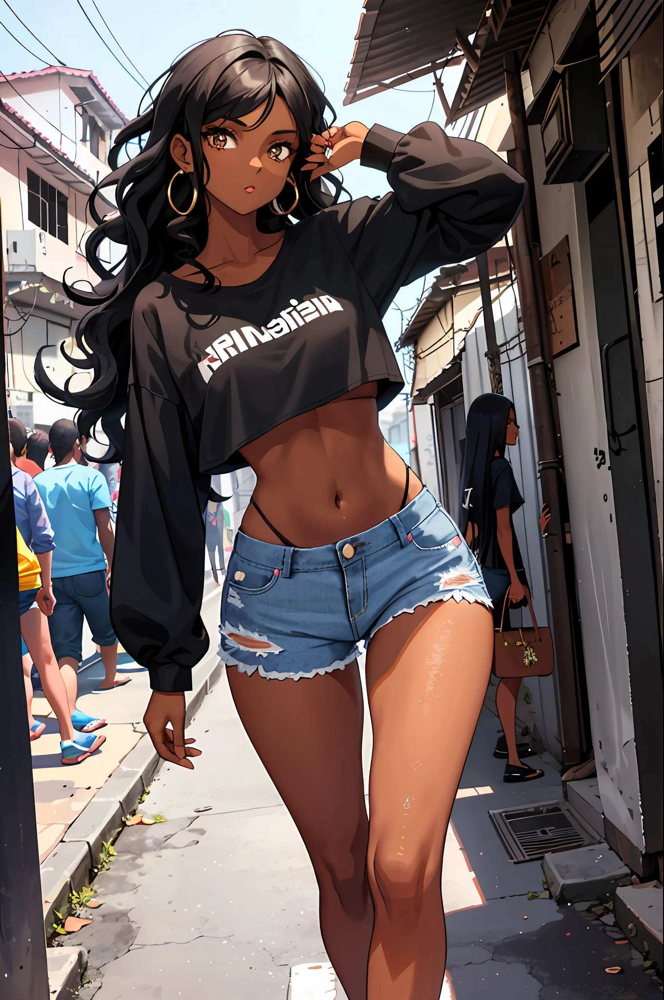 1girl, masterpiece, best_quality, Dark-skinned_female brasilian, black curly hair,_eyes, black, large_breasts, Make up, Shorts, denim_shorts, crop_top, navel, midriff, toned, walking in favela (abs:0.8),