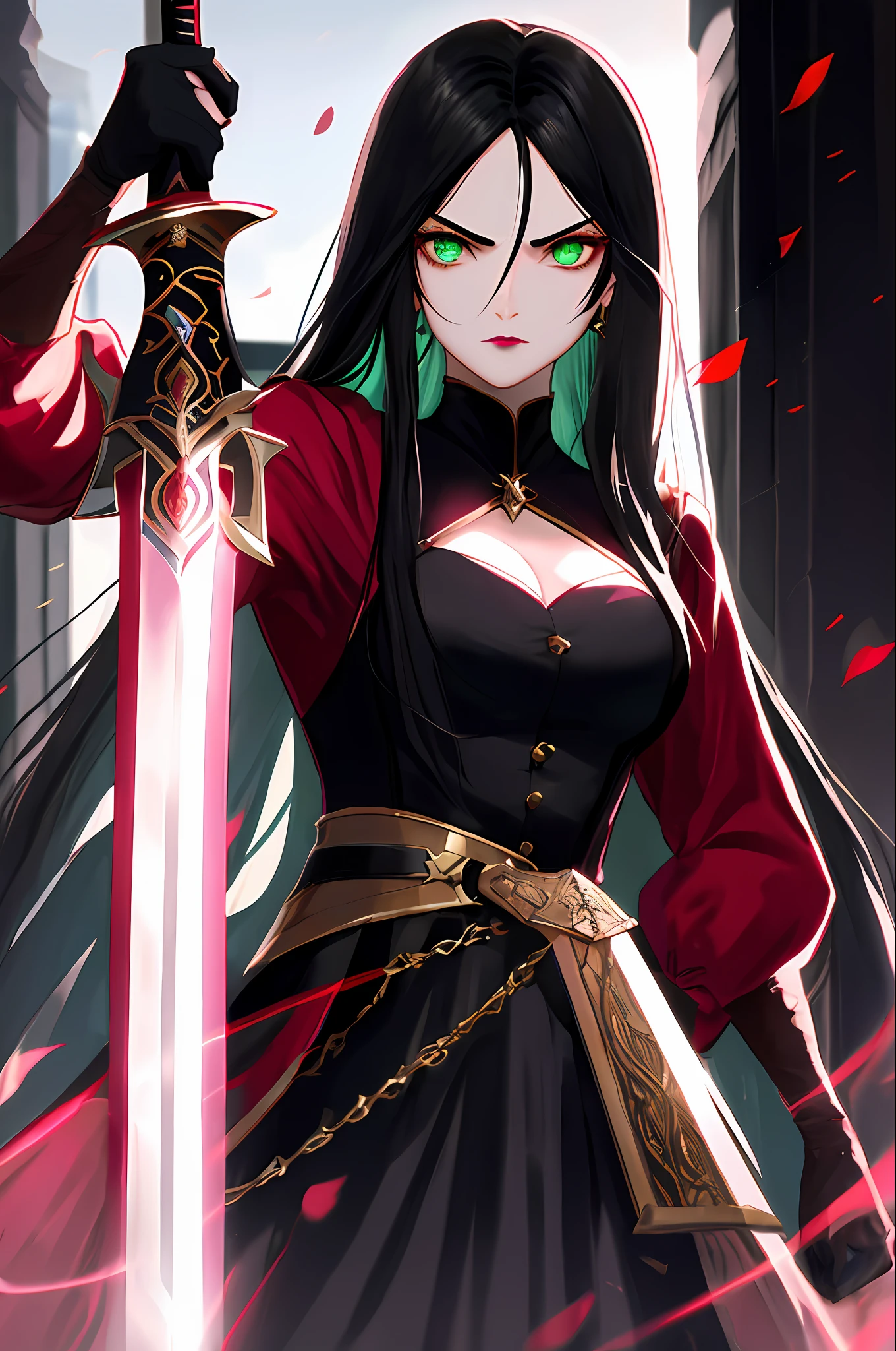 A beautiful young woman with fair skin, long black hair, emerald eyes, burgundy lips, standing with a sword close to her face, with an expression of someone who desires revenge