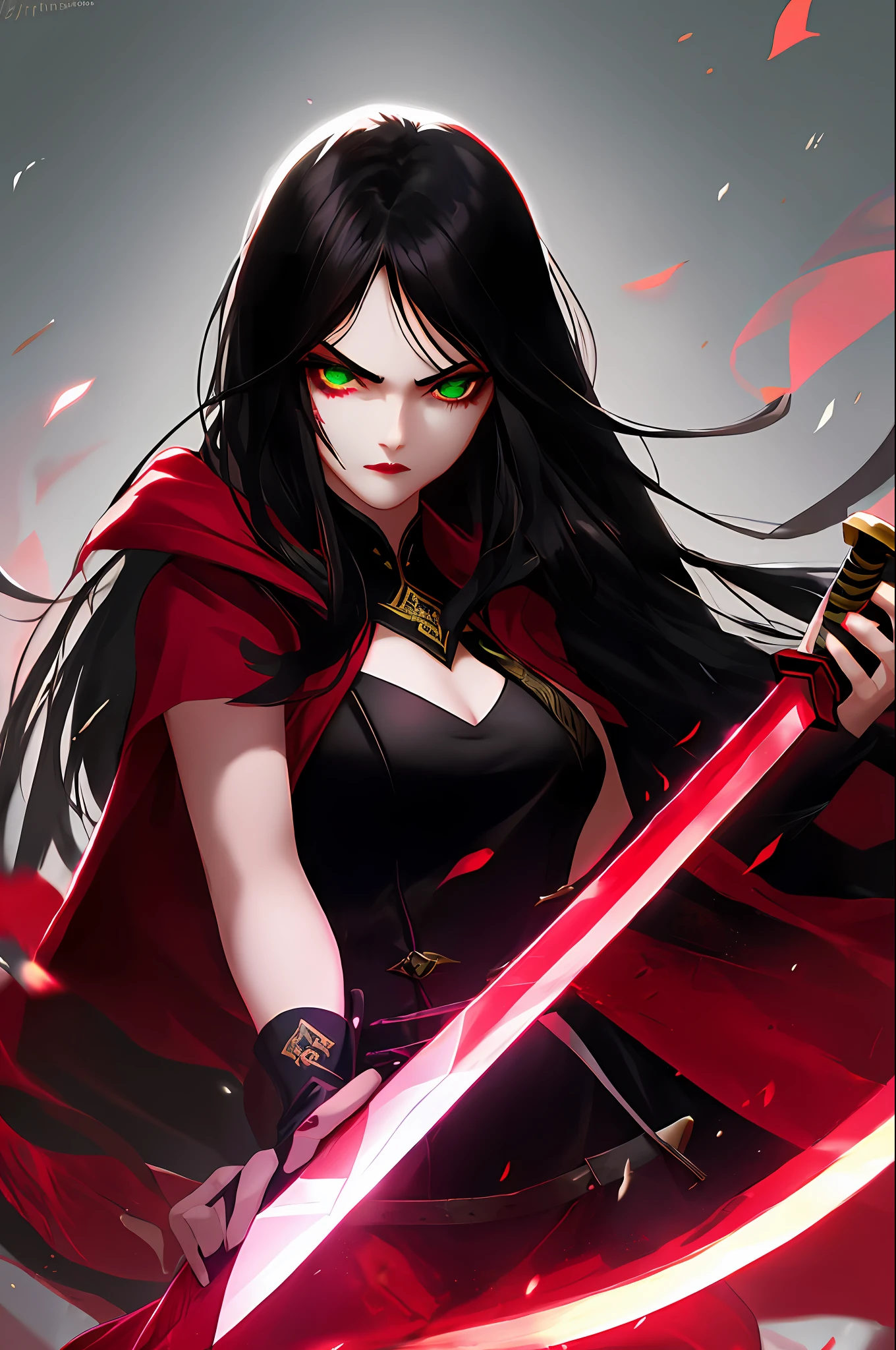 A beautiful young woman with fair skin, long black hair, emerald eyes, burgundy lips, standing with a sword close to her face, with an expression of someone who desires revenge