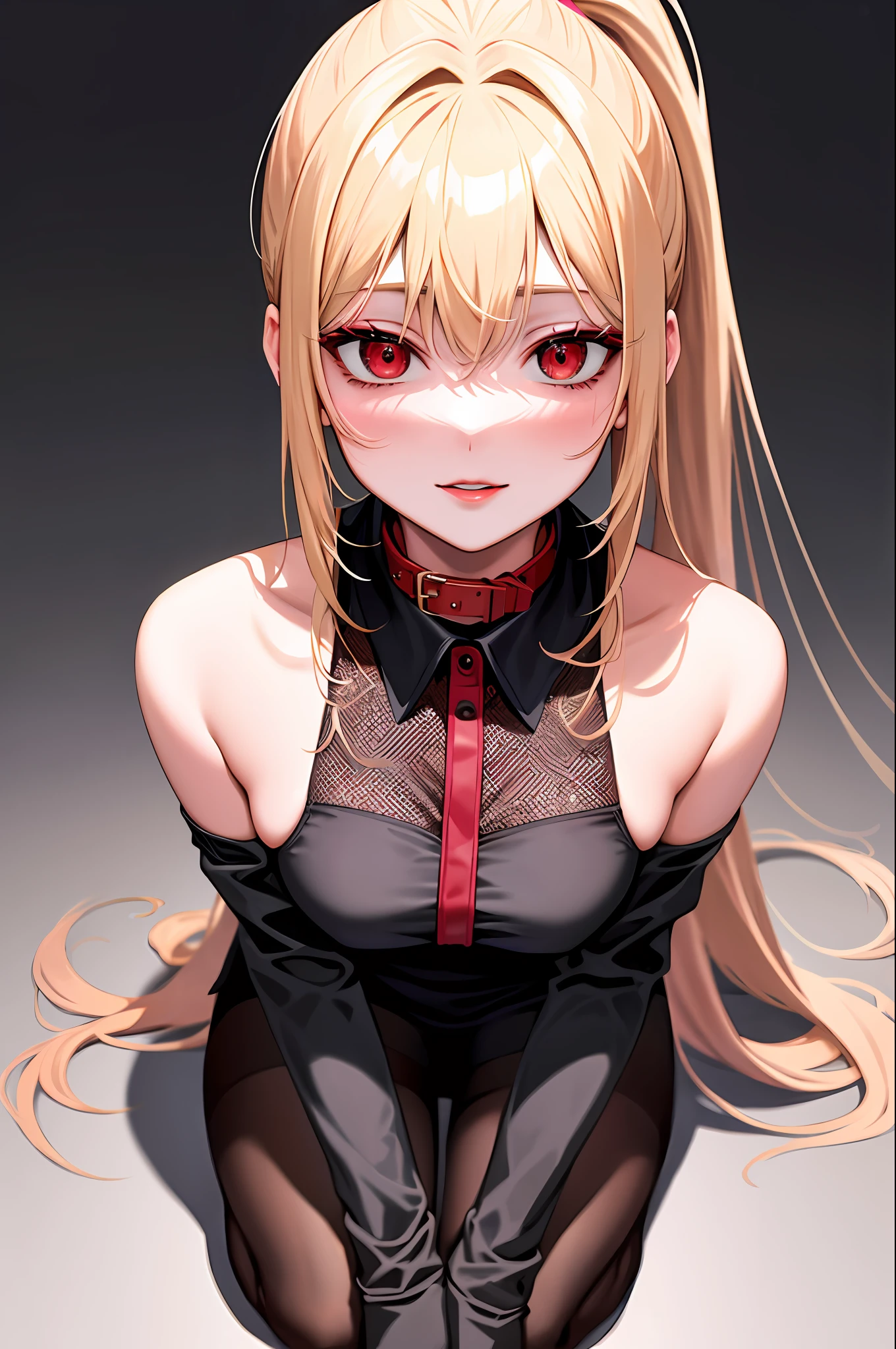 SLE, mksks-style, Top quality, Masterpiece, Detailed background, Very detailed, Complex and detailed face, Long eyelashes, Detailed eyes, (Adult female, standing: 1.1), (High ponytail: 1.3), (Thighs thick: 1.0), (Big: 1.3), (White background: 1.3),
(Solo: 1.3), (Red Eyes: 1.3), (Blonde and Black Mesh: 1.2), (Tousled Hair: 1.1), (Red Collar: 1.2), (Thick Lips, Pink Lips: 1.3), (Pink Eyeshadow: 1.2), (Moisturized Eyes), (Tied Full Body with Ropes: 1.3), Squatting on the Floor, Legs Open, Best Smile, Mouth wide open, Cheeks red, Blonde Dog Eating Crawling on all fours, full body
