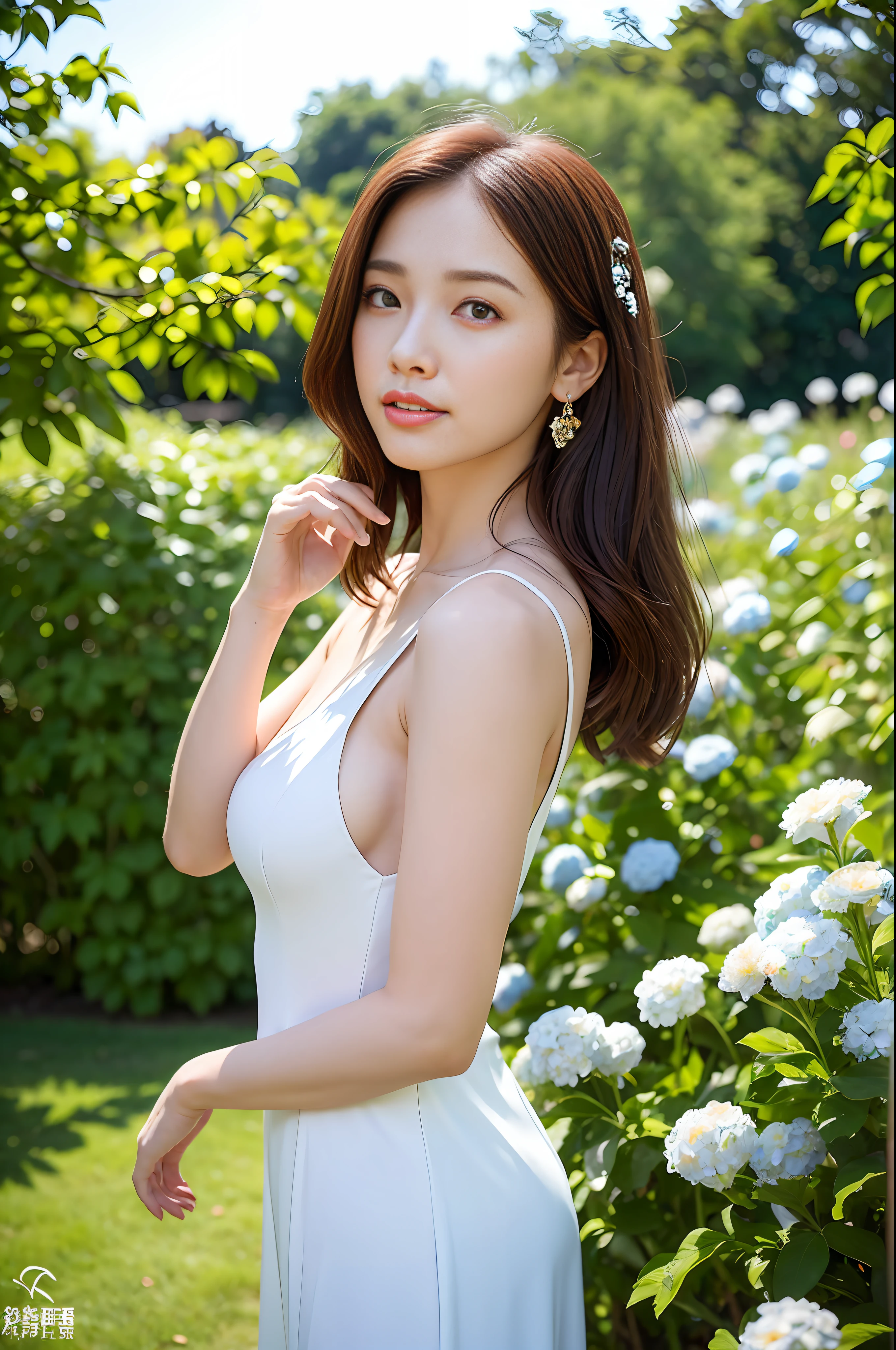 (Best quality, masterpiece: 1.2), portrait, breasts, outdoors, a 25-year-old woman named Yiping in the garden: 2, white thin summer long dress, light blue flowers in the background mess: 1.3) Same character, different costume, different angle, backlight: 1.5, rich skin details: 1.5,