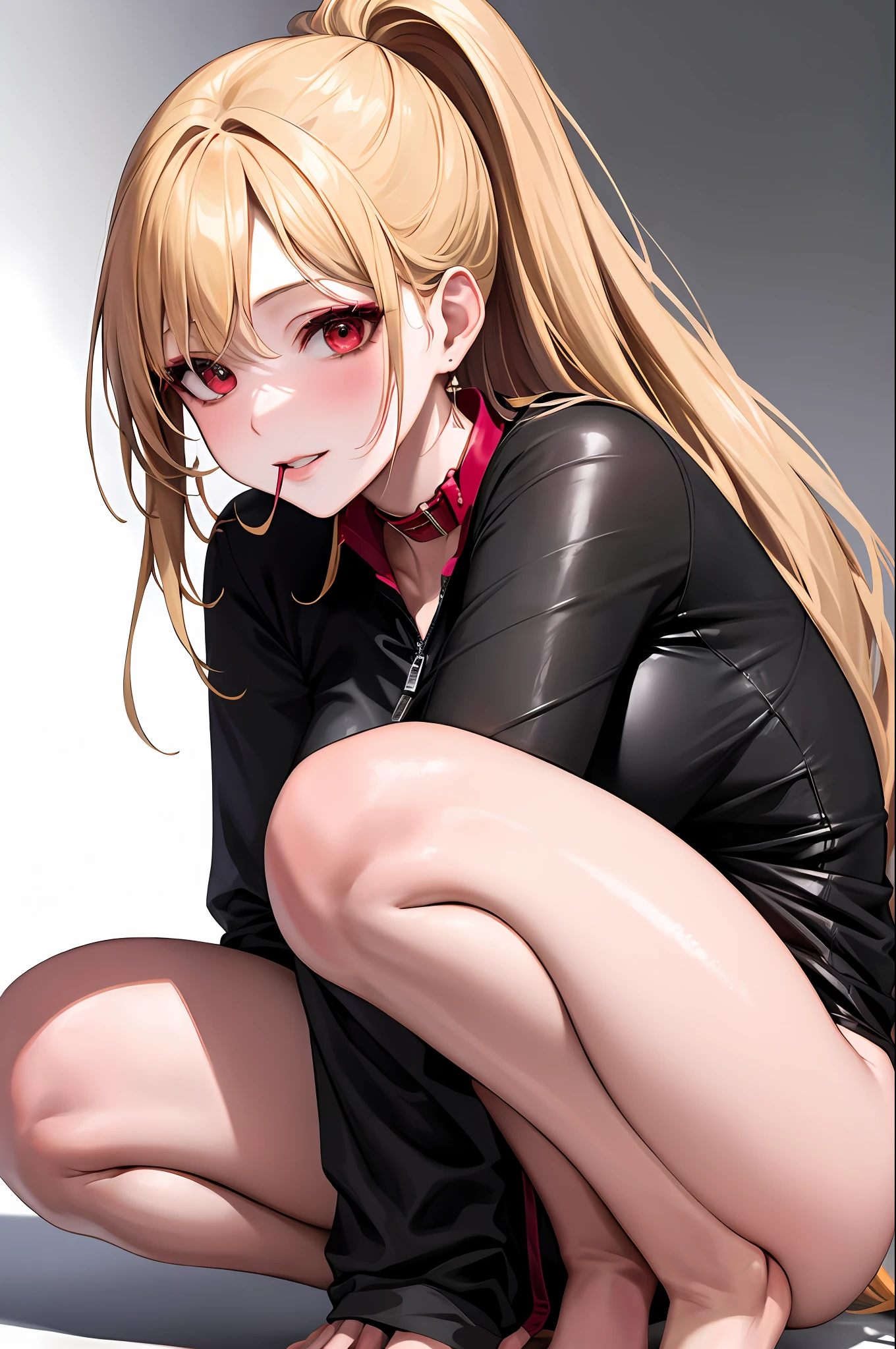 SLE, mksks-style, Top quality, Masterpiece, Detailed background, Very detailed, Complex and detailed face, Long eyelashes, Detailed eyes, (Adult female, standing: 1.1), (High ponytail: 1.3), (Thighs thick: 1.0), (Big: 1.3), (White background: 1.3),

(Solo: 1.3), (Red Eyes: 1.3), (Blonde and Black Mesh: 1.2), (Tousled Hair: 1.1), (Red Collar: 1.2), (Thick Lips, Pink Lips: 1.3), (Pink Eyeshadow: 1.2), (Moisturized Eyes), (Tied Full Body with Ropes: 1.3), Squatting on the Floor, Legs Open, Best Smile, Mouth wide open, Cheeks red, Blonde Dog Eating Crawling on all fours, full body