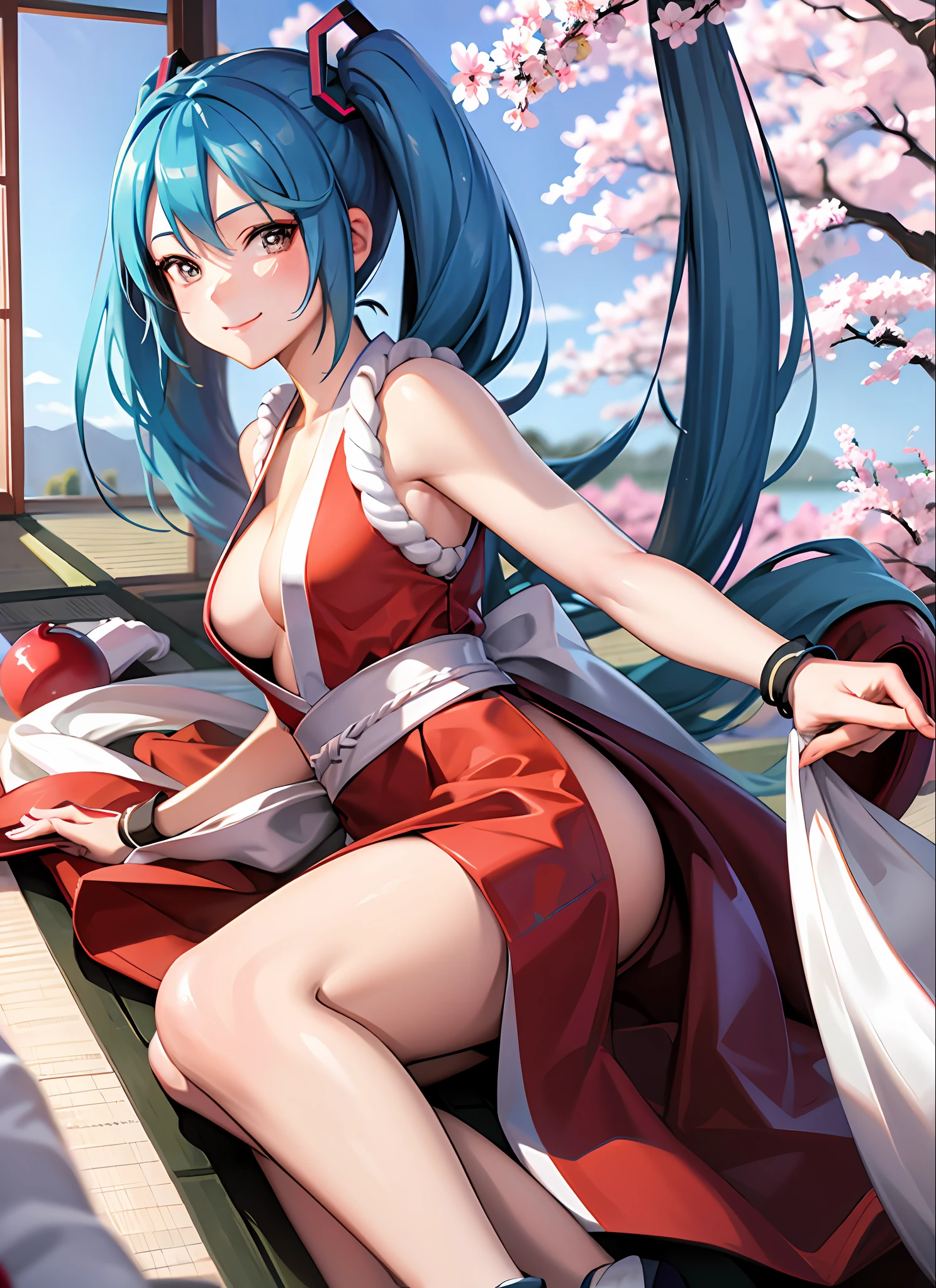 masterpiece, best quality, hatsune miku, kunoichi dress, twintails, smile, upper body BREAK dojo, japanese architecture, cherry blossom