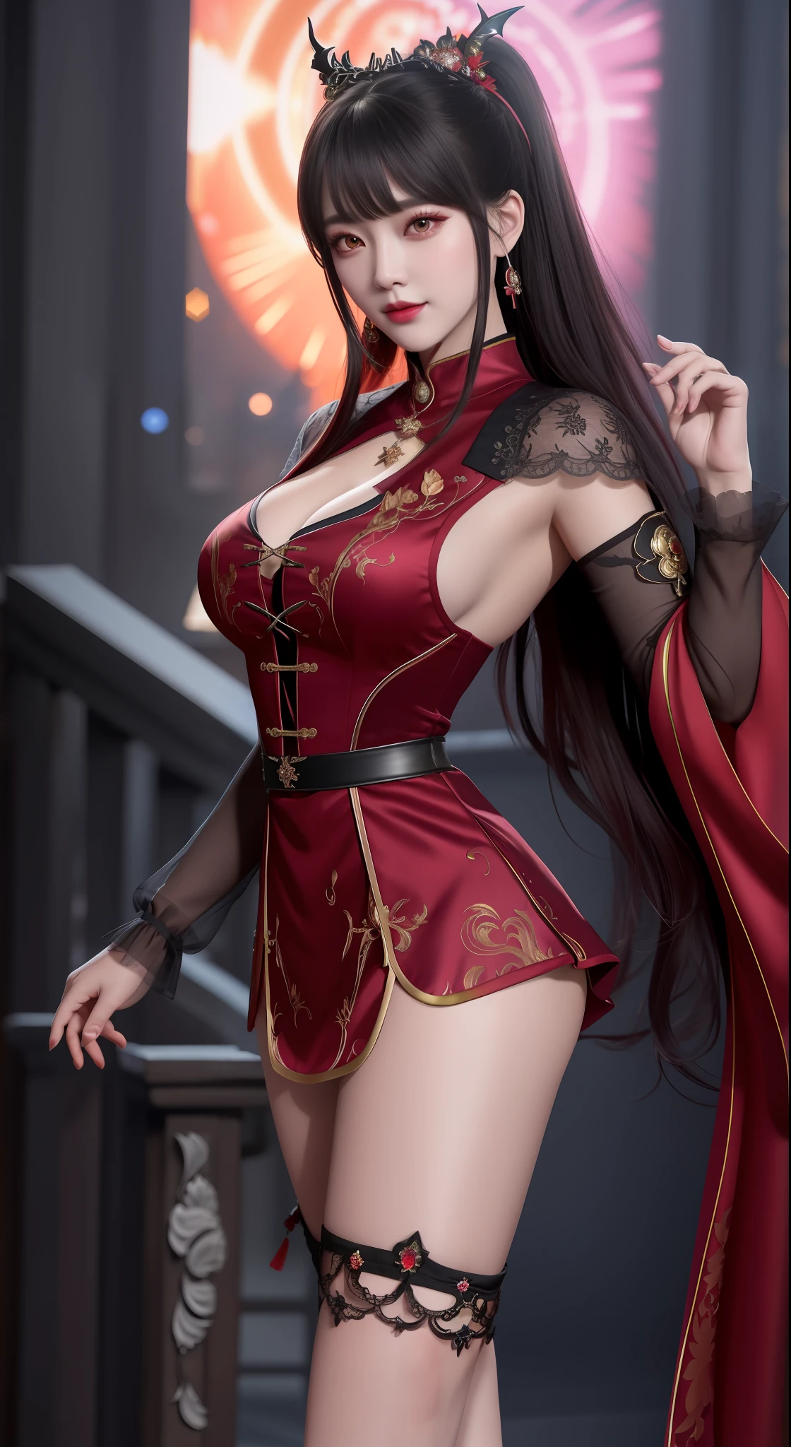 best quality, masterpiece, highres, 1girl, hanfu, white and even teeth, red irises, chinese underwear, hair ornaments, necklace, jewelry, crown jewelry. Pretty face, full body, magic import style, tyndall effect, photo realistic, dark studio, border light, two tone light, (high detail skin: 1.2), 8k uhd, dslr , soft light, high quality, volumetric light, candid, Photo , high resolution, 4k, 8k, Bokeh, (light pink lips), 1 beautiful demon from hell, In the Dark: 1.6 ), surreal full-body women by David Hockney and Alphonse Mucha, fantasy art, photorealism, dynamic lighting, station art, posters, volumetric lighting, highly detailed faces, super 8k, Awarded, in the dark, dark, low light, cowboy lens, (Red phoenix dress: 1.4), long hair, black hair, bust, luxury palace, Royal family style family, devil's crown, red eyes with very sharp and detailed makeup, Best face, Very round and firm breasts, Surreal, chinese women's long clothes, buds Charming smile, Pretty eye makeup, guweiz, devil style, mesh stockings with lace-up waist sock, thigh-length top, dark red turtleneck turtleneck, ponytail with bow at the back , dark red lips, Devil tattoo on shoulder, overcast and thunderous landscape, (full body), Close-up of main character, (Background detail 1.8), lace-up tights, medium-sized butt,