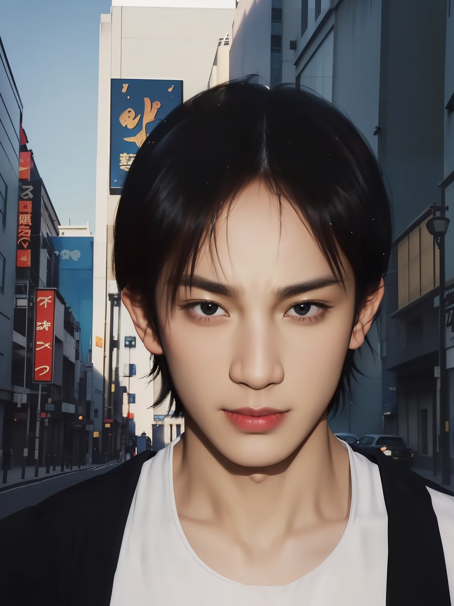 realistic, artstation, detailed eyes, detailed face, 4 K, muscular boy, teenage boy, male, (white singlet), black hair, (boy short hair in a fringe), Japanese male hairstyle, (biggest chest: 1.3), perky juicy pecs, (close-up face: 1.2), fair skin, handsome and goodlooking boy, gentle smile, gazing at the camera, (walk down the street:1.5), cyberpunk, hazy style, (vague), Impressionistic style, (Differential crushing lid: 2), thick eyebrows, parted lips, huge ahoge, asymmetrical bangs, very short hair, photorealistic