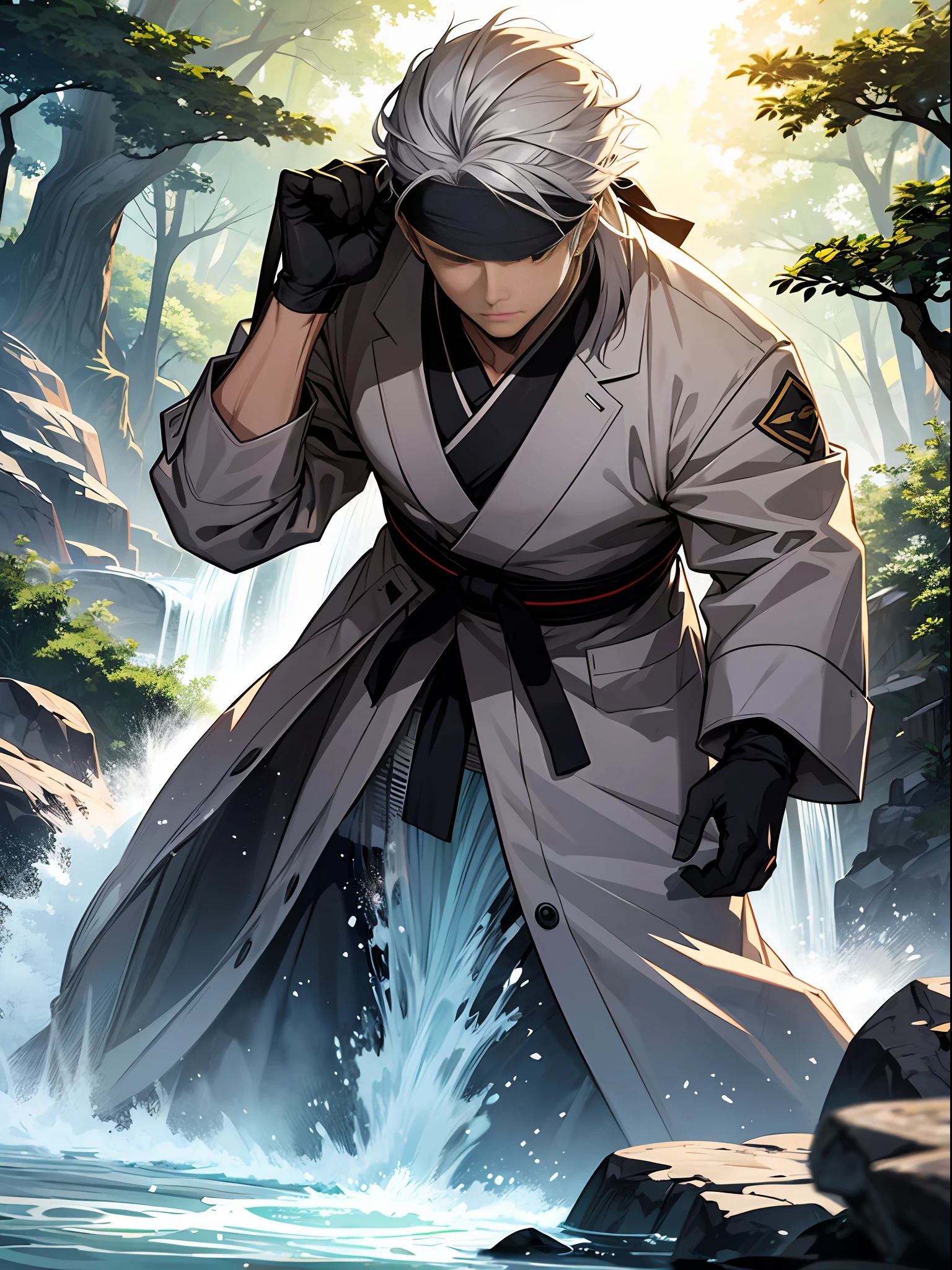 Long grey haired man, ((blindfold)), sixpack, wearing white robe, white gloves, facing the camera, half-body shot, fighting stance, aggresive fighting stance, standing on the forest, waterfall, a small river flowing beside him, beautifull sun lighting, ((masterpiece quality)), eastern martial artist, wuxia vibe, light novel illustration, extremly detailed face, art style by krenz cushart + akihiko yoshida, trending in art station,