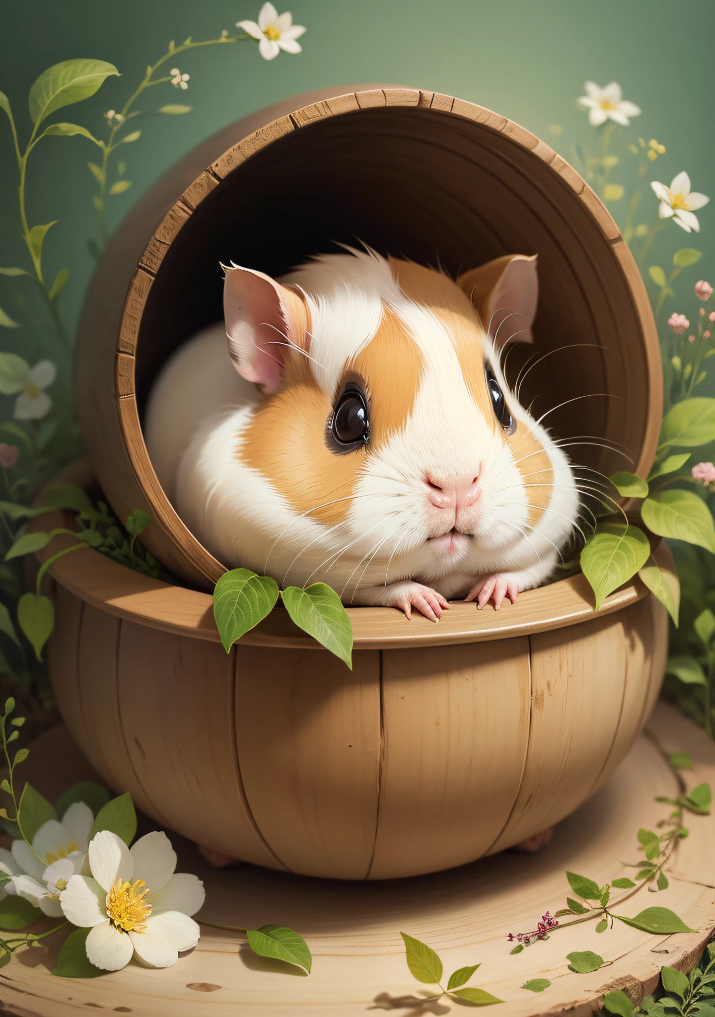 A charming print of a guinea pig in a cozy environment, representing its cuteness and docility, with details in its soft fur and sweet expression, surrounded by natural elements such as flowers and leaves, Art, watercolor illustration with soft tones and delicate brushstrokes