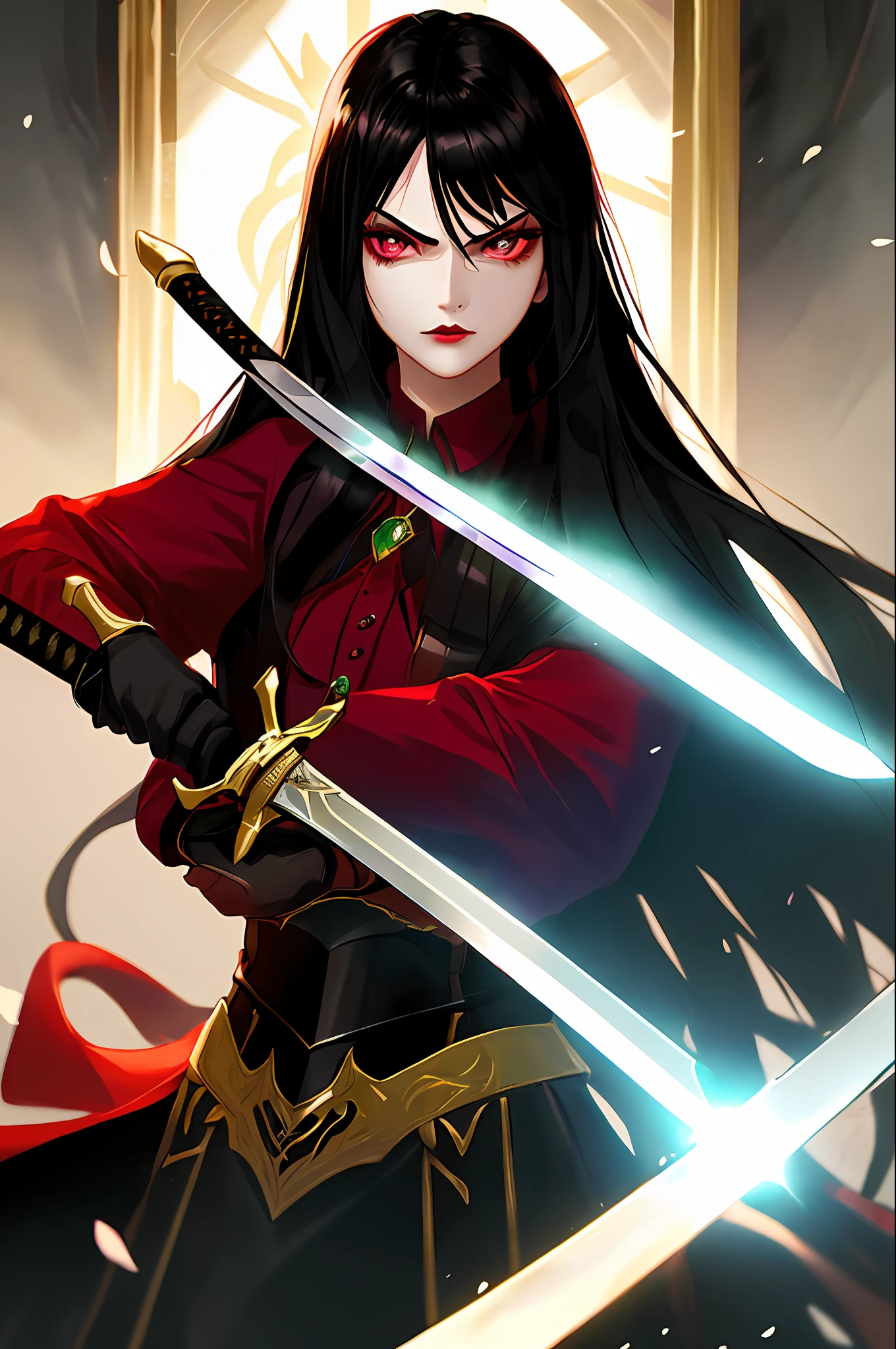 A beautiful young woman with fair skin, long black hair, emerald eyes, burgundy lips, standing with a sword close to her face, with an expression of someone who desires revenge