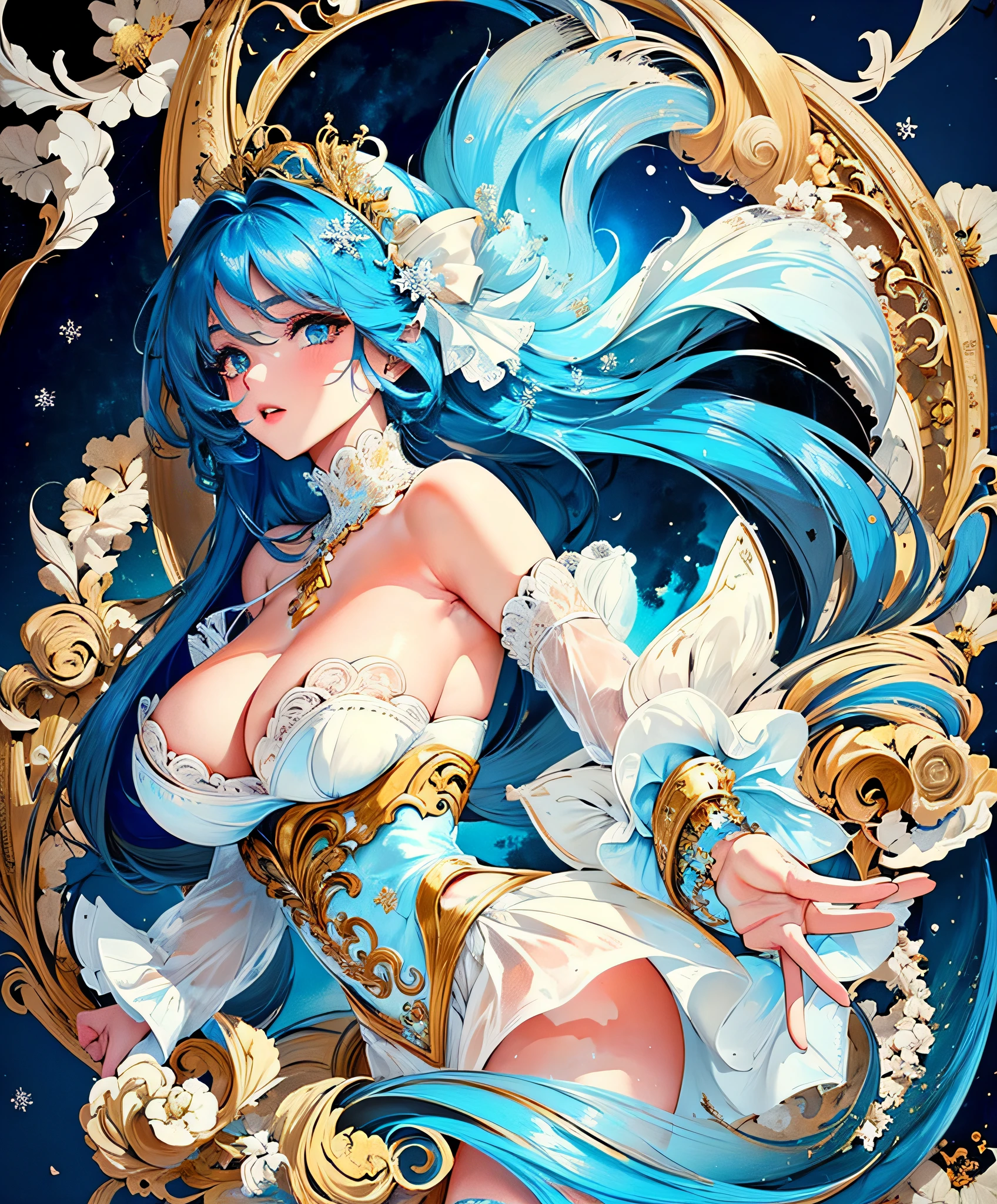 ((best quality)), ((masterpiece)), (ultra-detailed), (illustration), (detailed light), (an extremely delicious and beautiful), a girl, cute face, two legs, long skirt, (beautiful and detailed eyes), eyes full of stars, messy floating hair, colored inner hair, Starry sky dotted hair, (lots_of_big_colorful_Bubble), [pearl], [milky way], depth of field, [ice crystal], (snowflake), 20 years old, sexy theme, high detail, perfect face shape, perfect body, oversize model, full body, equally beautiful anime style girl, mature woman, tall long legs, extra huge breasts,,16k ,