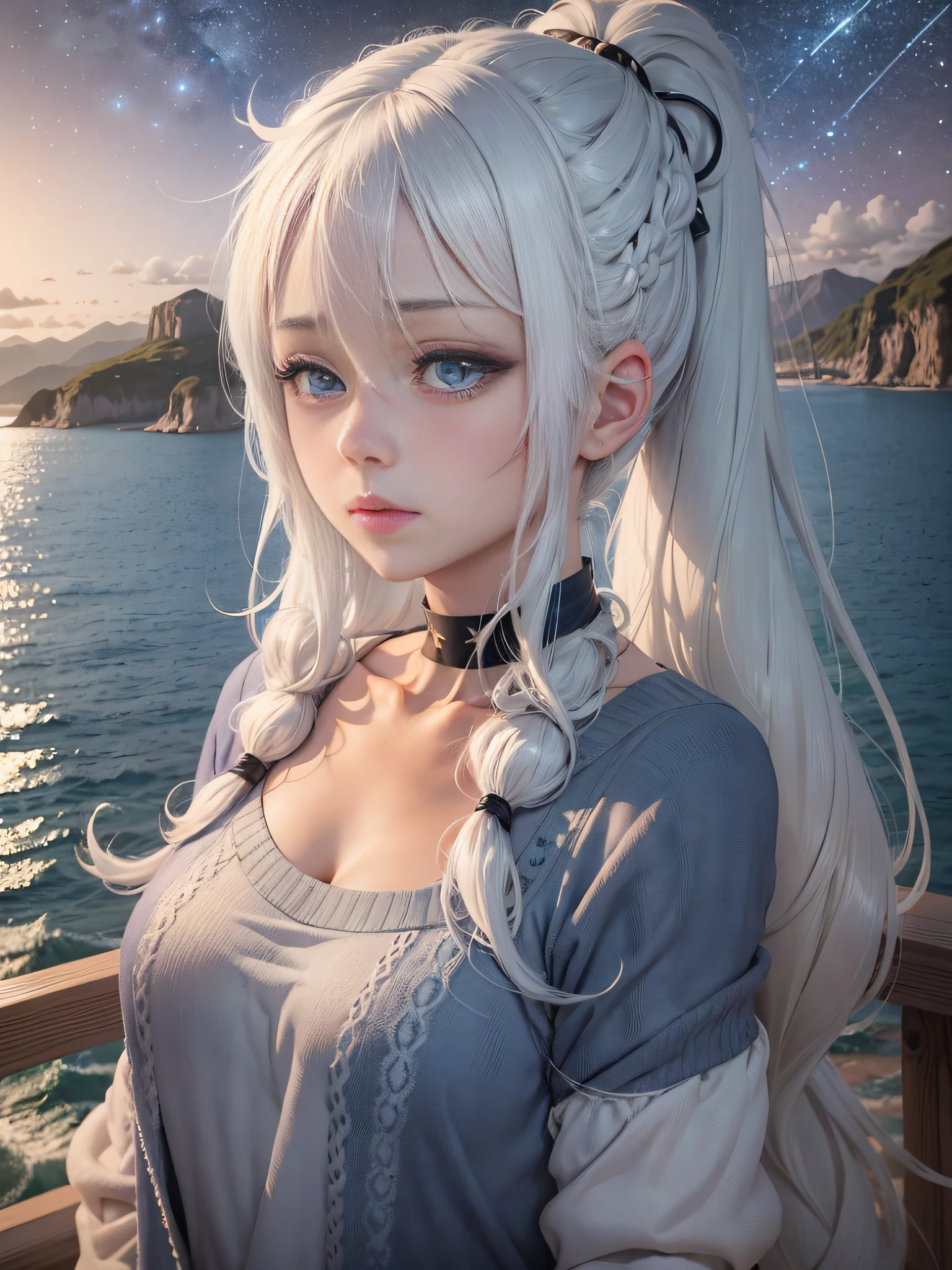 anime character,A girl with white hair and bule eyes,starry sky,choker,beautiful detailed eyes,look at viewer,sweater,seaside,Nightscape,A girl with two ponytails,sea,Mountains in the distance,Expressionless,,