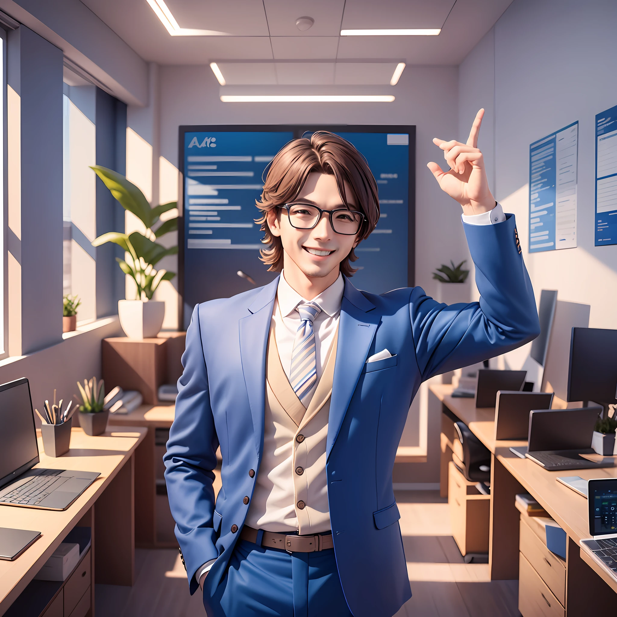 A detailed illustration of a happy man, selling air miles multiplied through strategies, celebrating in a modern-looking and elegant office. He's standing, raising his hands in triumph, surrounded by growth charts, laptops and briefcases. The environment is filled with a soft light and shades of blue, representing confidence and prosperity. Style: Digital illustration, --ar 16:9 --v 5 --auto --s2