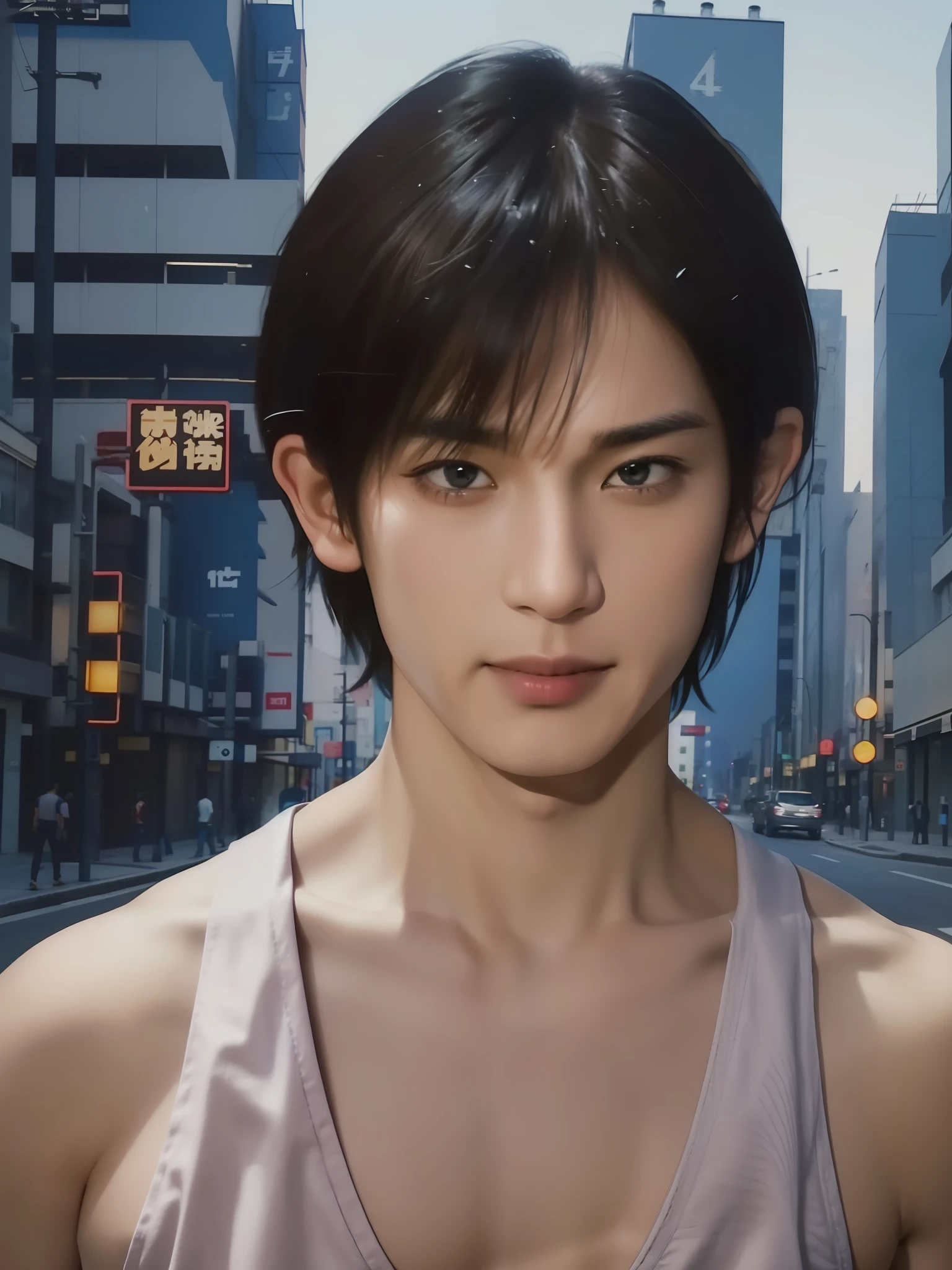 realistic, photorealistic, artstation, detailed eyes, detailed face, 4 K,muscular boy, teenage boy,male, (white singlet), black hair, (boy short hair in a fringe),Japanese male hairstyle, (biggest chest: 1.3),perky juicy pecs, (close-up face: 1.2), fair skin, handsome and goodlooking boy,gentle smile,gazing at the camera,(walk down the street:1.5),cyberpunk,hazy style,(vague),Impressionistic style,(微分碎盖：2）
