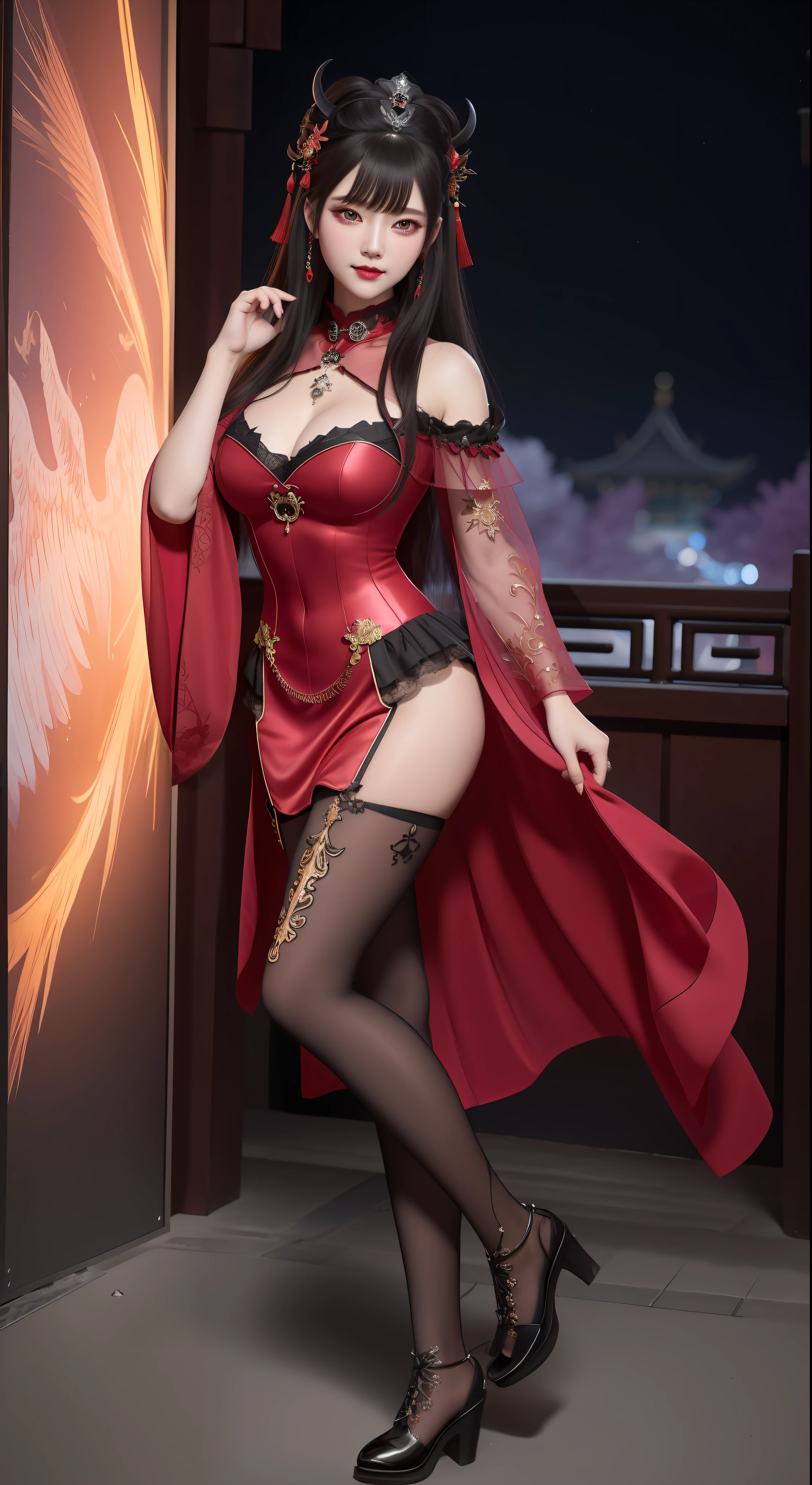 best quality, masterpiece, highres, 1girl, hanfu, white and even teeth, red irises, chinese underwear, hair ornaments, necklace, jewelry, crown jewelry. Pretty face, full body, magic import style, tyndall effect, photo realistic, dark studio, border light, two tone light, (high detail skin: 1.2), 8k uhd, dslr , soft light, high quality, volumetric light, candid, Photo , high resolution, 4k, 8k, Bokeh, (light pink lips), 1 beautiful demon from hell, In the Dark: 1.6 ), surreal full-body women by David Hockney and Alphonse Mucha, fantasy art, photorealism, dynamic lighting, station art, posters, volumetric lighting, highly detailed faces, super 8k, Awarded, in the dark, dark, low light, cowboy lens, (Red phoenix dress: 1.4), long hair, black hair, bust, luxury palace, Royal family style family, devil's crown, red eyes with very sharp and detailed makeup, Best face, Very round and firm breasts, Surreal, chinese women's long clothes, buds Charming smile, Pretty eye makeup, guweiz, devil style, mesh stockings with lace-up waist sock, thigh-length top, dark red turtleneck turtleneck, ponytail with bow at the back , dark red lips, Devil tattoo on shoulder, overcast and thunderous landscape, (full body), Close-up of main character, (Background detail 1.8), lace-up tights, medium-sized butt,