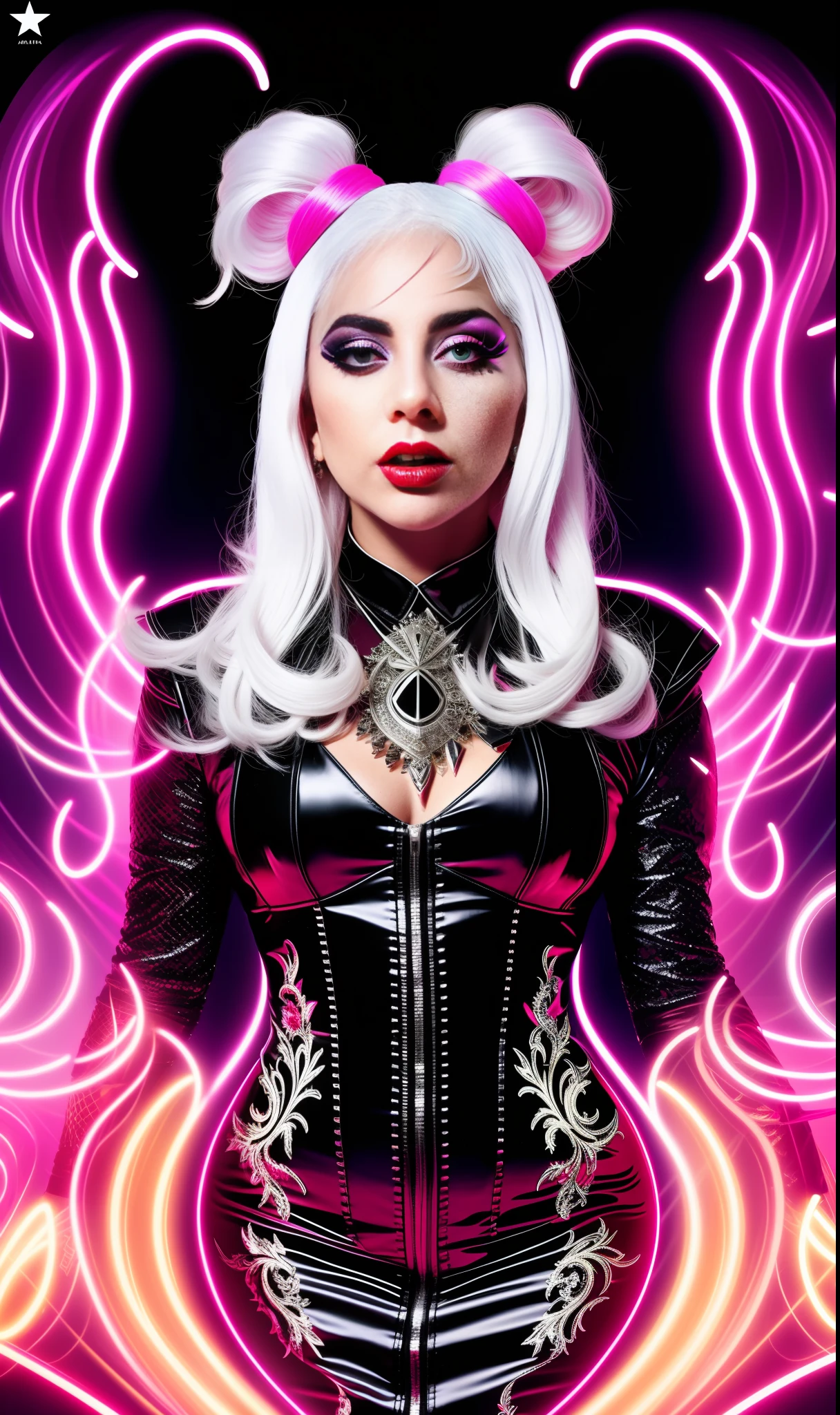 lady gaga diabla,neon print dress,white hair, 4K texture, long hair, high quality, extravagant hairstyle, original album cover, 8k image, futuristic, high image quality, at night, hair accessories, very realistic and defined face, HD