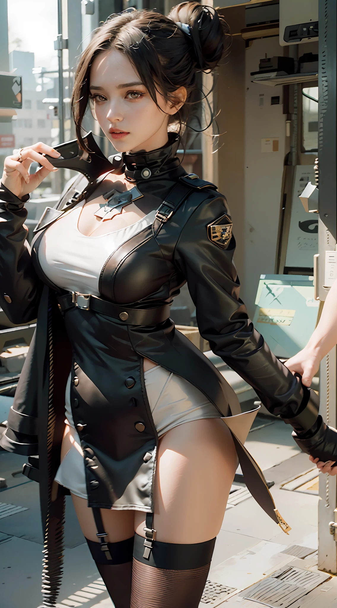((Best Quality)), ((Masterpiece)), (Details: 1.4), 3D, A Beautiful Modern Beauty, Extremely Normal Body Proportions, (Black Gauze Dress: 1.9), (One Bun: 1.7), (Black Stocking Legs: 1.2) (Black Stocking Feet: 1.5), Nail Art, HDR (High Dynamic Range), Ray Tracing, NVIDIA RTX, Super-Resolution, Unreal 5, Subsurface Scattering, PBR Textures , Post-processing, Anisotropic filtering, Depth of field, Maximum sharpness and sharpness, Multi-layer textures, Albedo and highlight mapping, Surface shading, Accurate simulation of light-material interactions, Perfect Proportions, Octane Render, Bicolor Light, Large Aperture, Low ISO, White Balance, Rule of Thirds, 8K RAW,