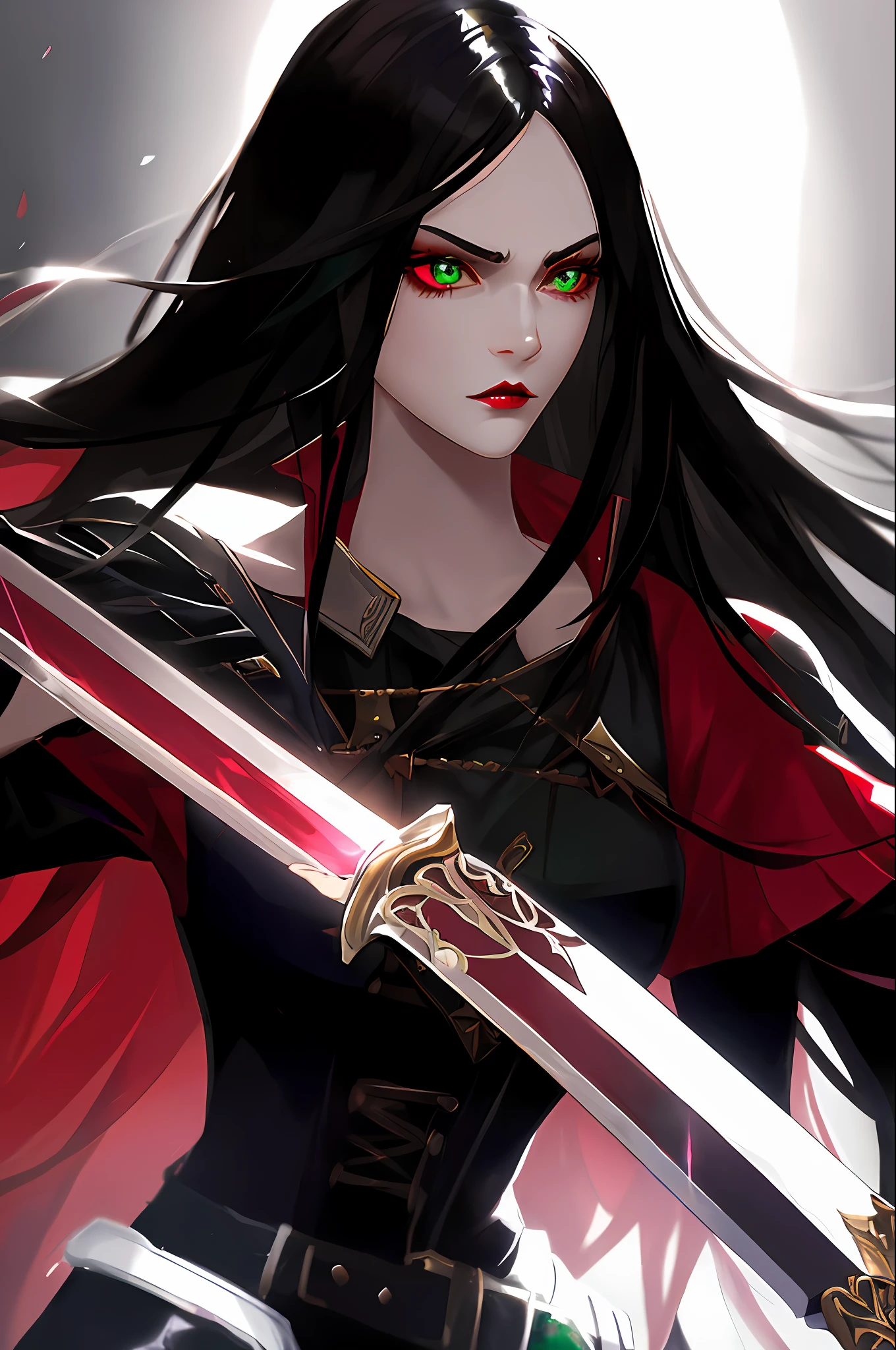 A beautiful, seductive, mysterious young woman with fair skin, long black hair, emerald eyes, burgundy lips, standing with a sword close to her face, with an expression of someone who desires revenge