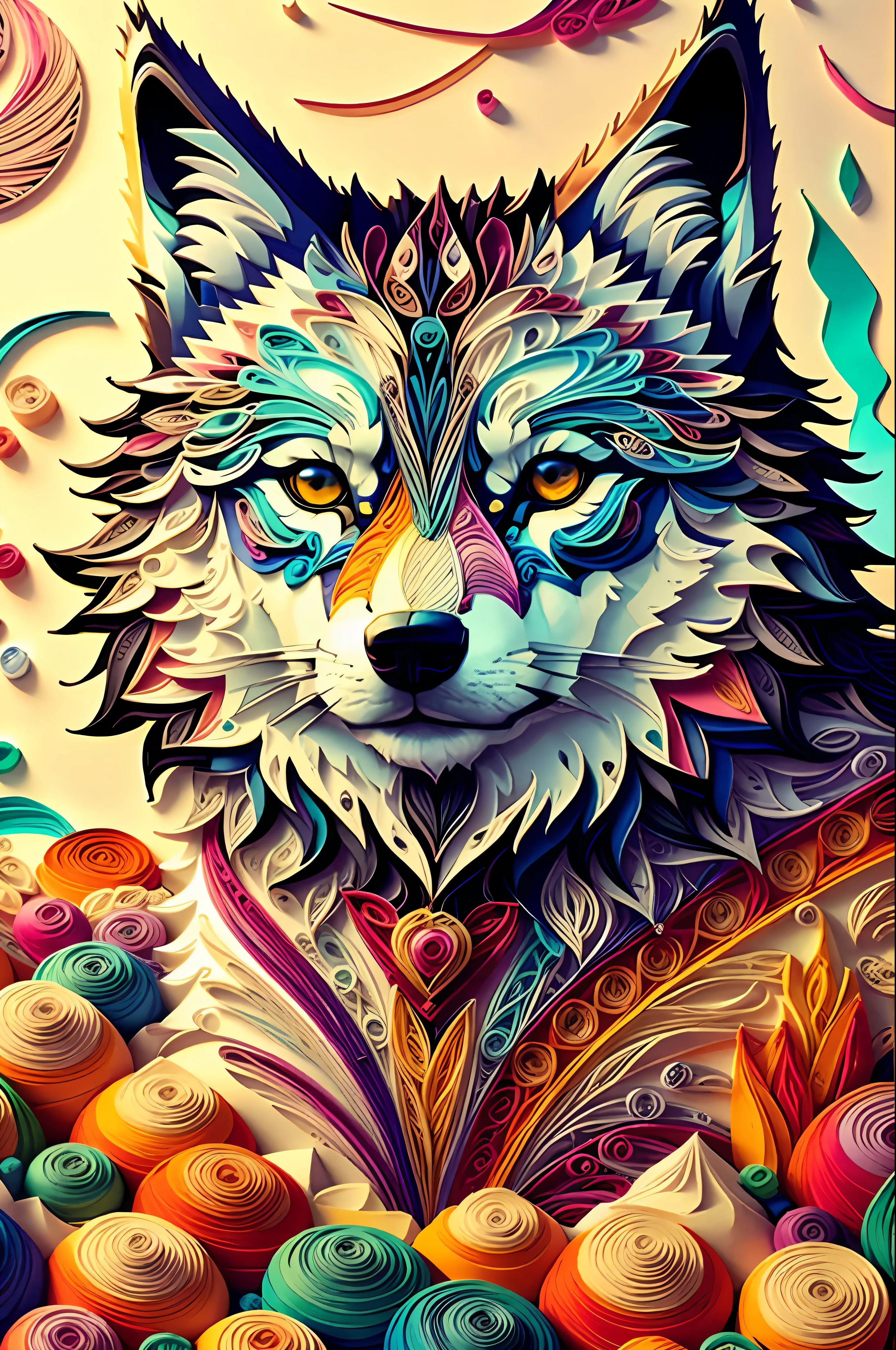 wolf, multi dimensional quilling paper, art, chibi,
yang08k, beautiful, colorful,
masterpieces, top quality, best quality, official art, beautiful and aesthetic, clean unique, and with a cat,