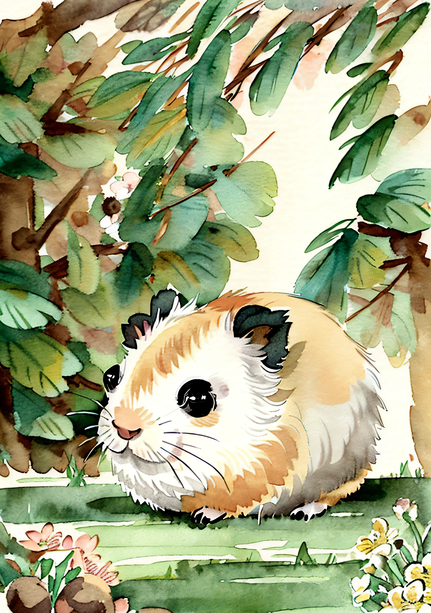 A charming print of a guinea pig in a cozy environment, representing its cuteness and docility, with details in its soft fur and sweet expression, surrounded by natural elements such as flowers and leaves, Art, watercolor illustration with soft tones and delicate brushstrokes