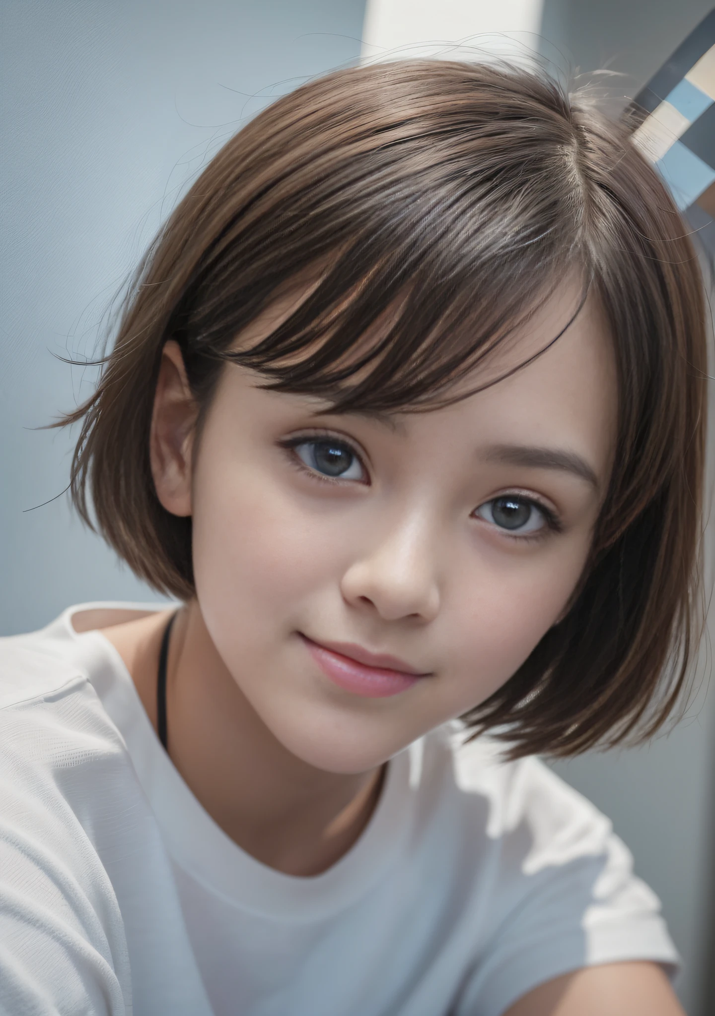 /imagine prompt: Beautiful woman, 20 years old, able short hair, oval face, high nose bridge, small eyes, single eyelid, white, smile with closed mouth, full-body photo, right side light, film quality, 16k, sporty outfit, gym