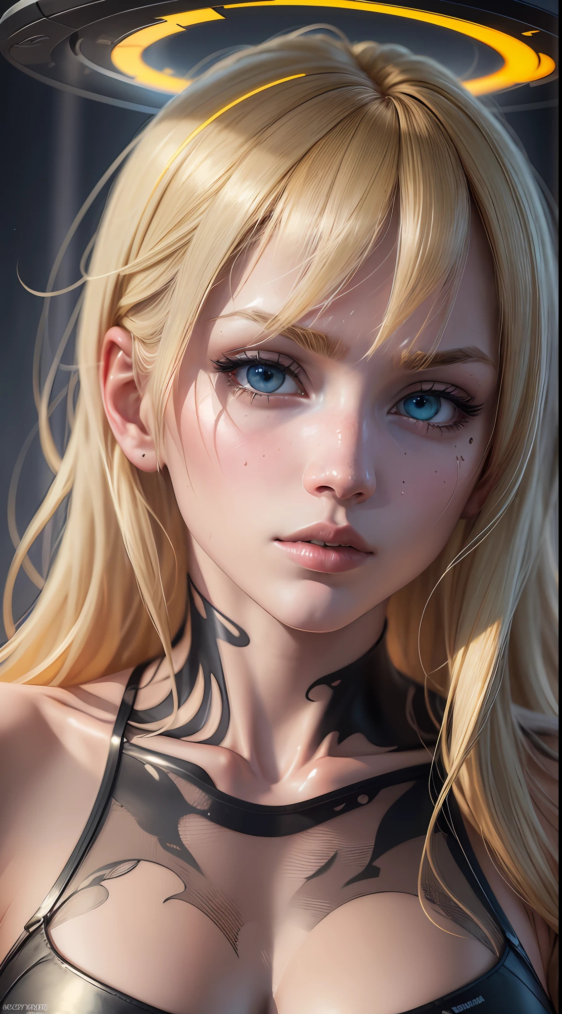 empty eyes, pain, halo, blonde hair, Pop art, Fauvism, chiaroscuro, depth of field, god rays, ray tracing, wide shot, tachi-e, UHD, retina, masterpiece, ccurate, anatomically correct, textured skin, super detail, 8k, high details, best quality --auto --s2