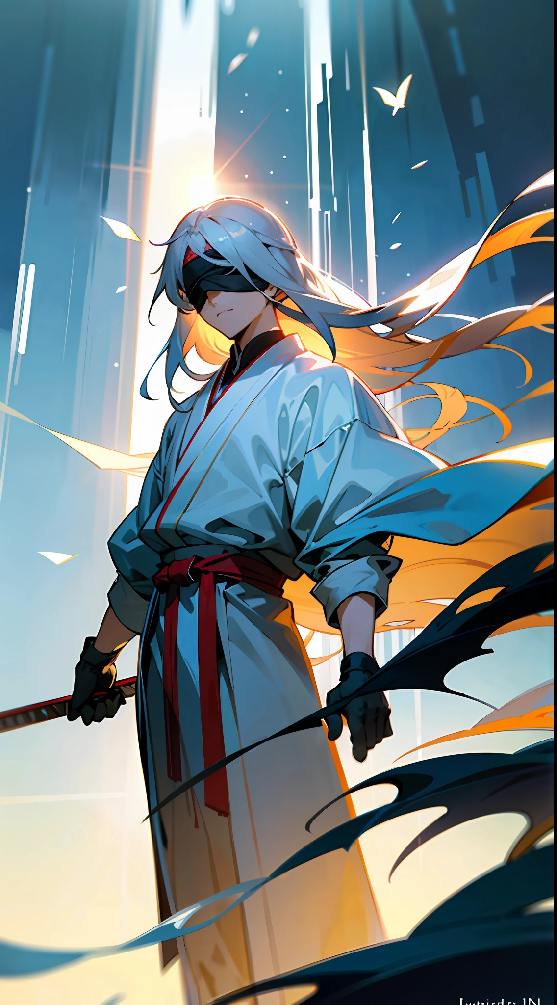 Long grey haired man, ((blindfold)), sixpack, wearing white robe, white gloves, facing the camera, half-body shot, standing on the forest, waterfall, a small river flowing beside him, beautifull sun lighting, ((masterpiece quality)), eastern martial artist, wuxia vibe, light novel illustration, extremly detailed face, art style by krenz cushart + akihiko yoshida, trending in art station,