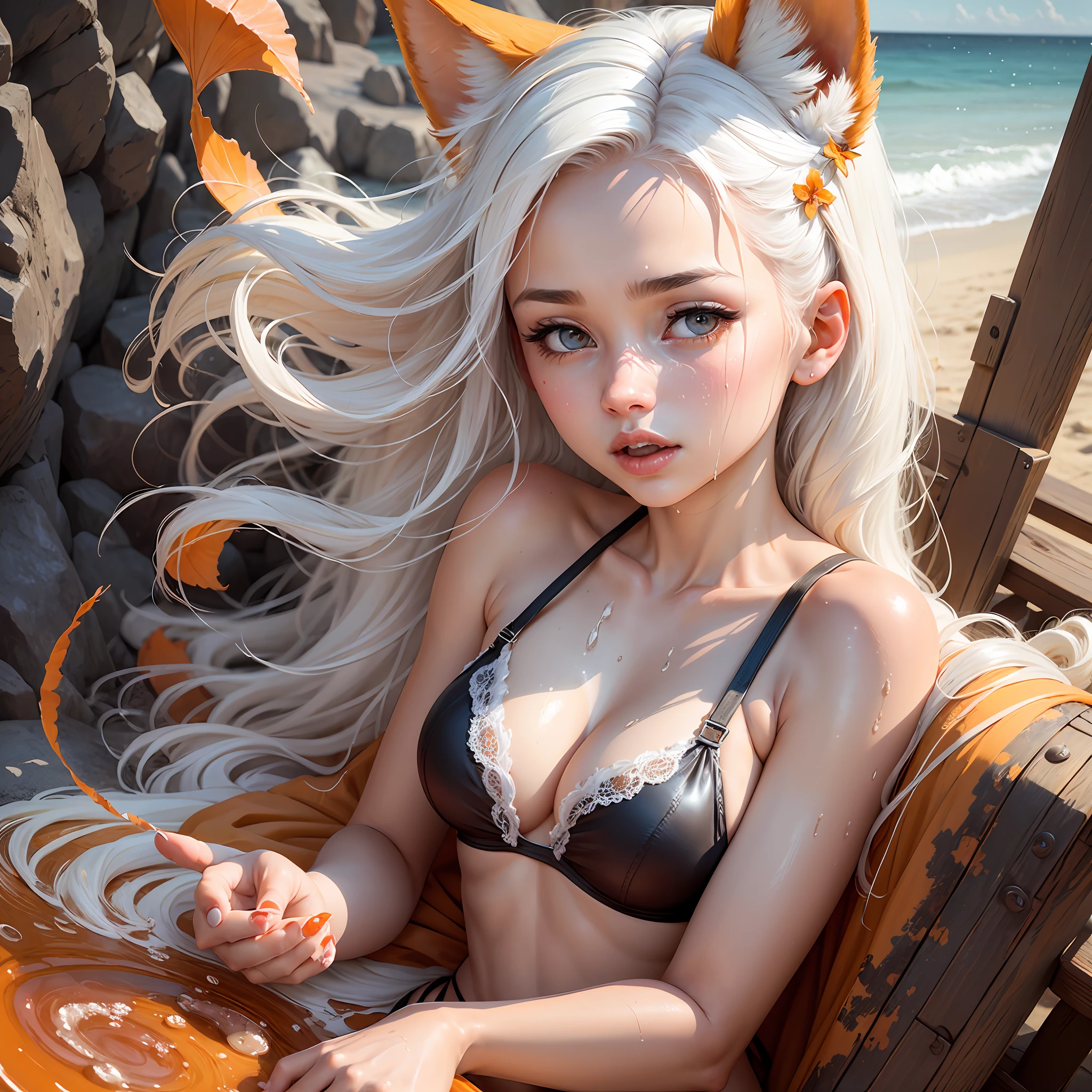 girl, , height: 1.55, white hair, orange fox ears, and orange fox syrup, torn, falling gently down her shoulders as she holds the straps in her hands, showing a mixture of sensuality and vulnerability. The chiffon bra adds a touch of femininity and sophistication to her look, wet body, wet with milk, sexualizing, cup, on the beach, sexualizing completely. toenail painted red.sensualizing