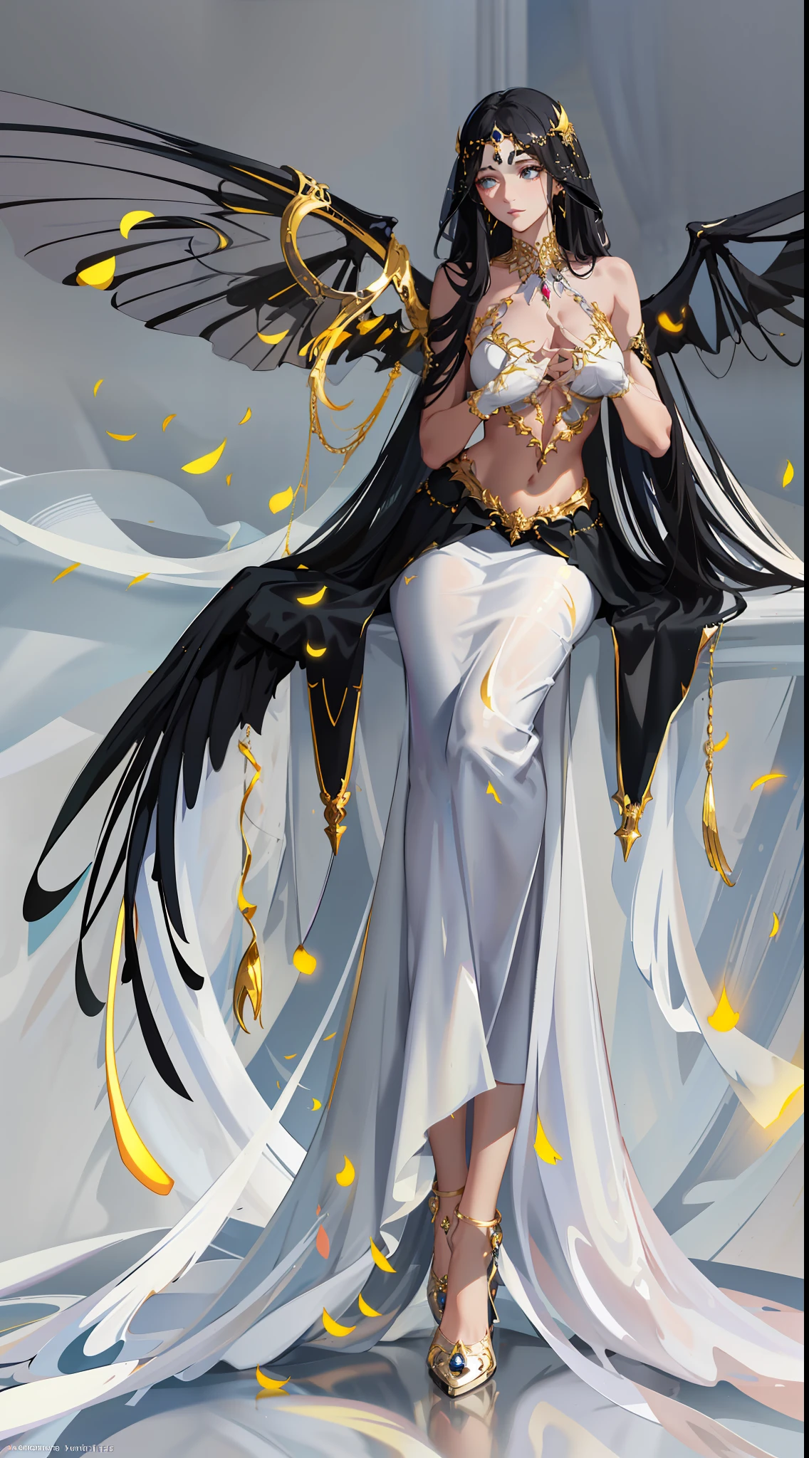 A beautiful woman dressed in all white,reminiscent of a goddess. Her black hair contrasts sharply with her dress, flowing down her waist and shining brightly. Apart from her unusual irises that emit a golden light and have elliptical pupils, her impeccable beauty as an unparalleled beauty is flawless. Two white curly antennae appear on one side of her head, while her black angel wings are visible at her waist. A golden spiderweb necklace adorns her neck, covering her shoulders and chest, and her slender hands are adorned with shimmering silk gloves. A wide-angle lens captures her entire figure, making her shape complete.