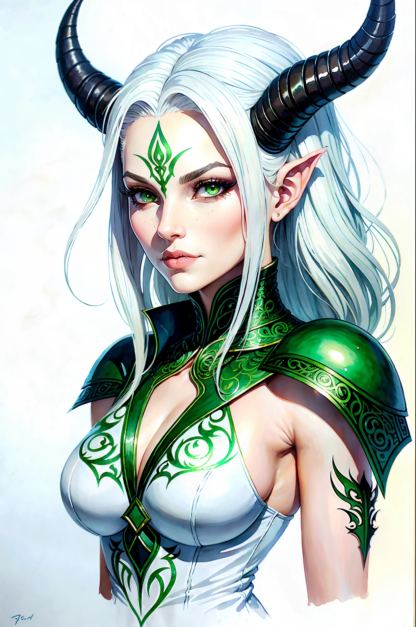 hand drawn sketch illustration of a beautiful tiefling with white hair, green eyes, symmetrical dragon horns, illustration, watercolor sketch, (best quality)), intricate detailed,