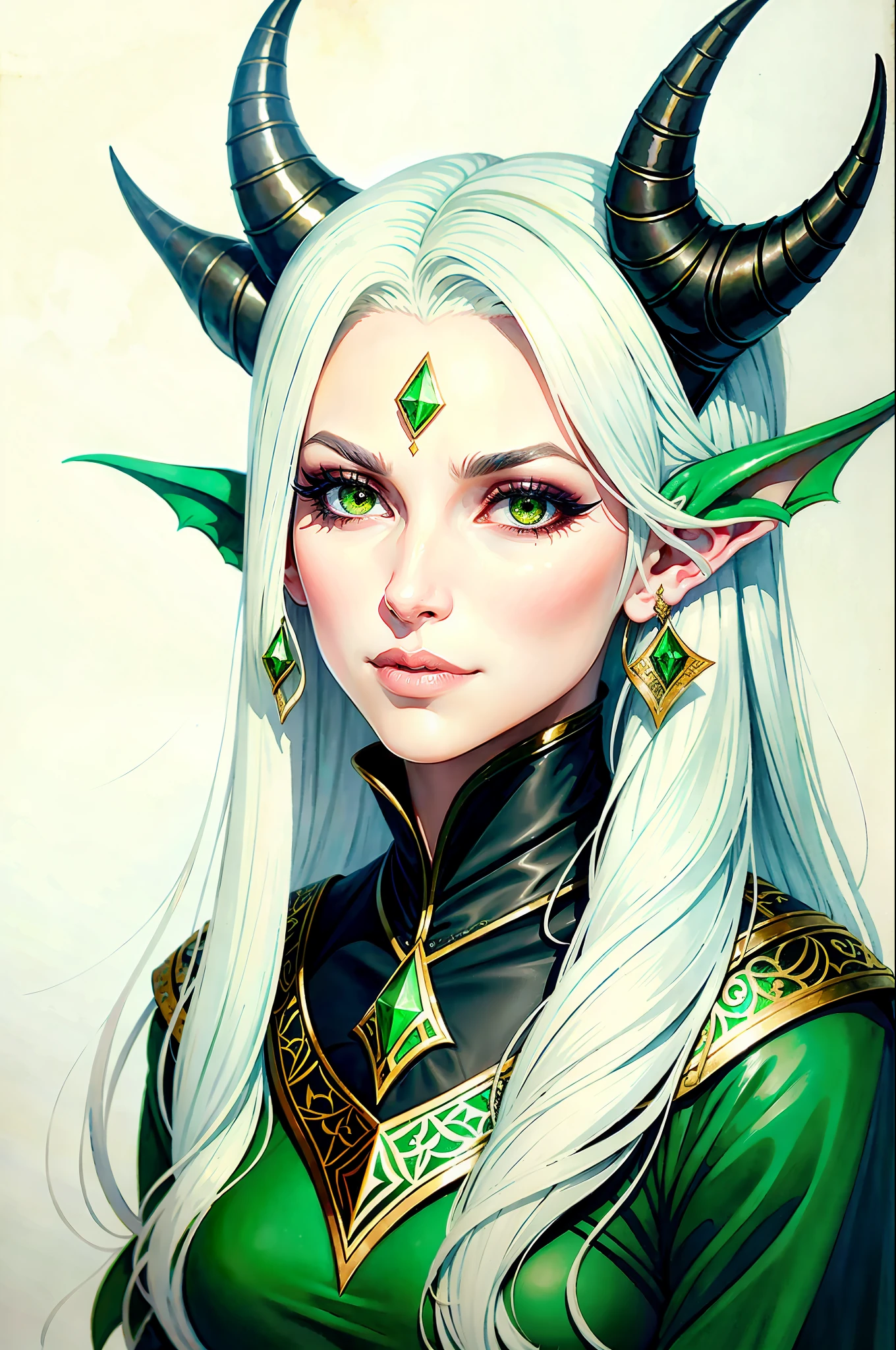 hand drawn sketch illustration of a beautiful tiefling with white hair, green eyes, symmetrical dragon horns, illustration, watercolor sketch, (best quality)), intricate detailed,