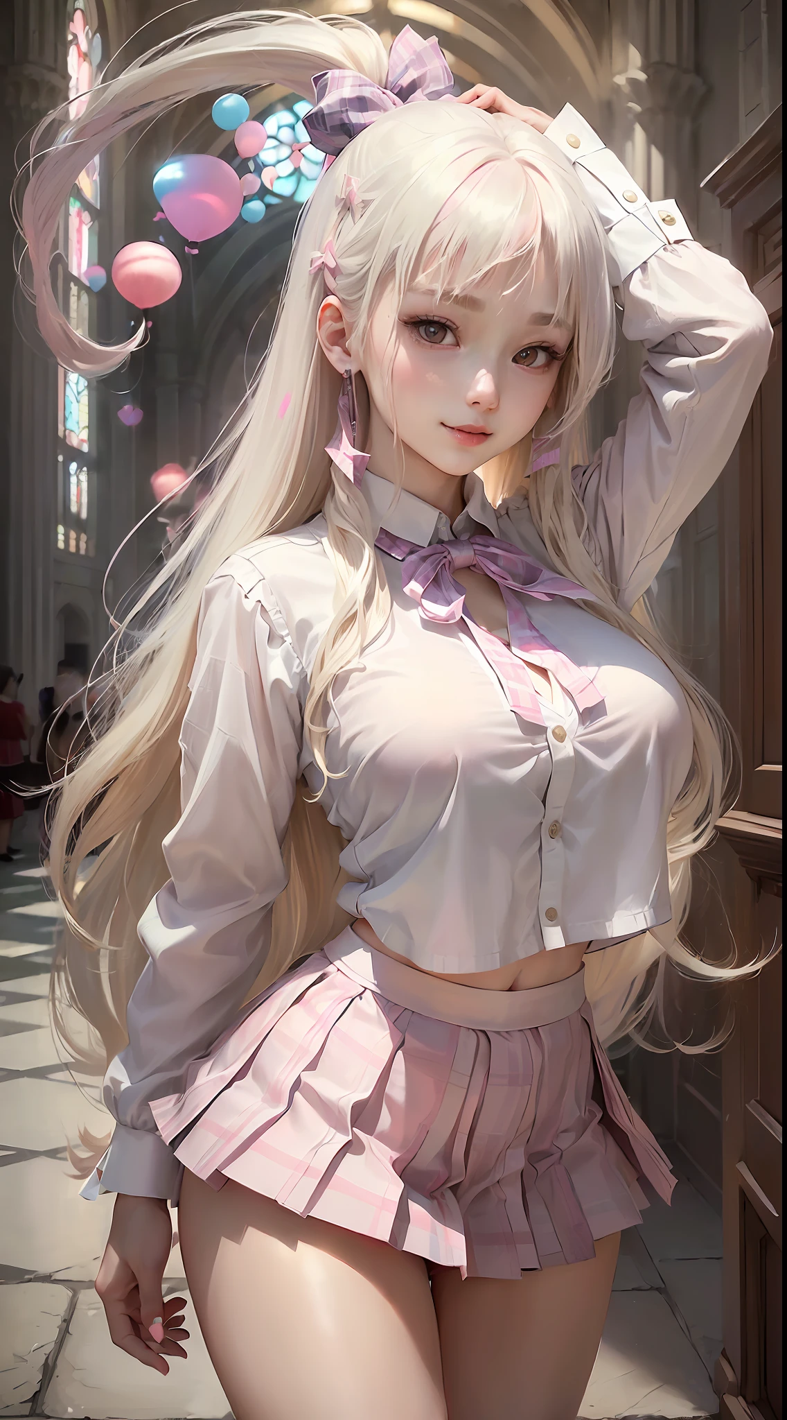 (best quality, masterpiece:1.4), (1 girl:1.1), (from below:1.1), (korean mixed, kpop idol:1.2), (cute 19 age old korean girl:1.2), (pale skin:1.2), (slender:1.2), (white shirt + pink plaid micro pleated skirt:1.3), (platinum blonde hair + very long straight hair:1.3), (large breasts:1.3), looking at viewer, (standing, model pose, neck ribbon:1.2), (white panties:1.3) (beaming smile:1.1), (cathedral hallway:1.2)