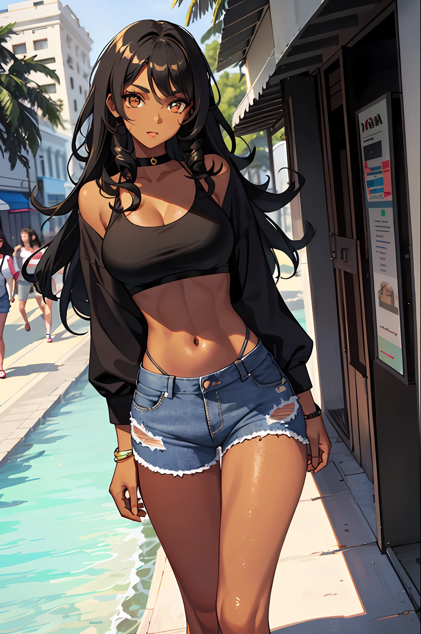 1girl, masterpiece, best_quality, a black brazilian woman, black curly hair,_eyes, black, large_breasts, Make up, Shorts, denim_shorts, crop_top, navel, midriff, toned, walking in rio de janeiro, (abs:0.8),