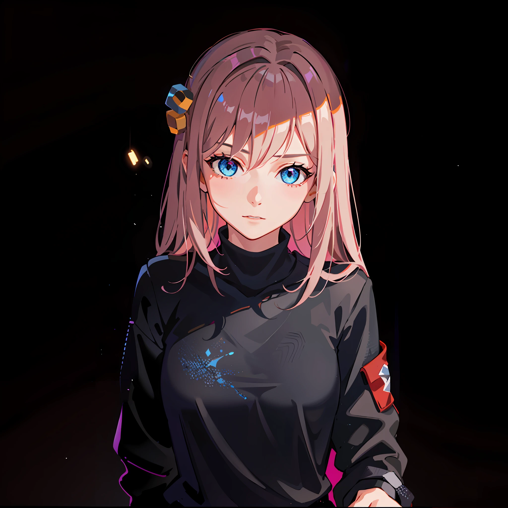 masterpiece, Best quality, High Definition, Caustics, (Blue background), (Glossy:0.56), (Art Station:0.81), Unreal Engine, Fortnite, Detailed Face, Detailed Eyes, Frontal, View Viewer, Portrait, Close Up,Close-up of a person in a black shirt and black pants,
Black shirt with red stars, Leeroo costume, realism in the style of Fornite games, Fortnite skin, solo, pink jacket, track jacket, bangs, hair between eyes, long sleeves,