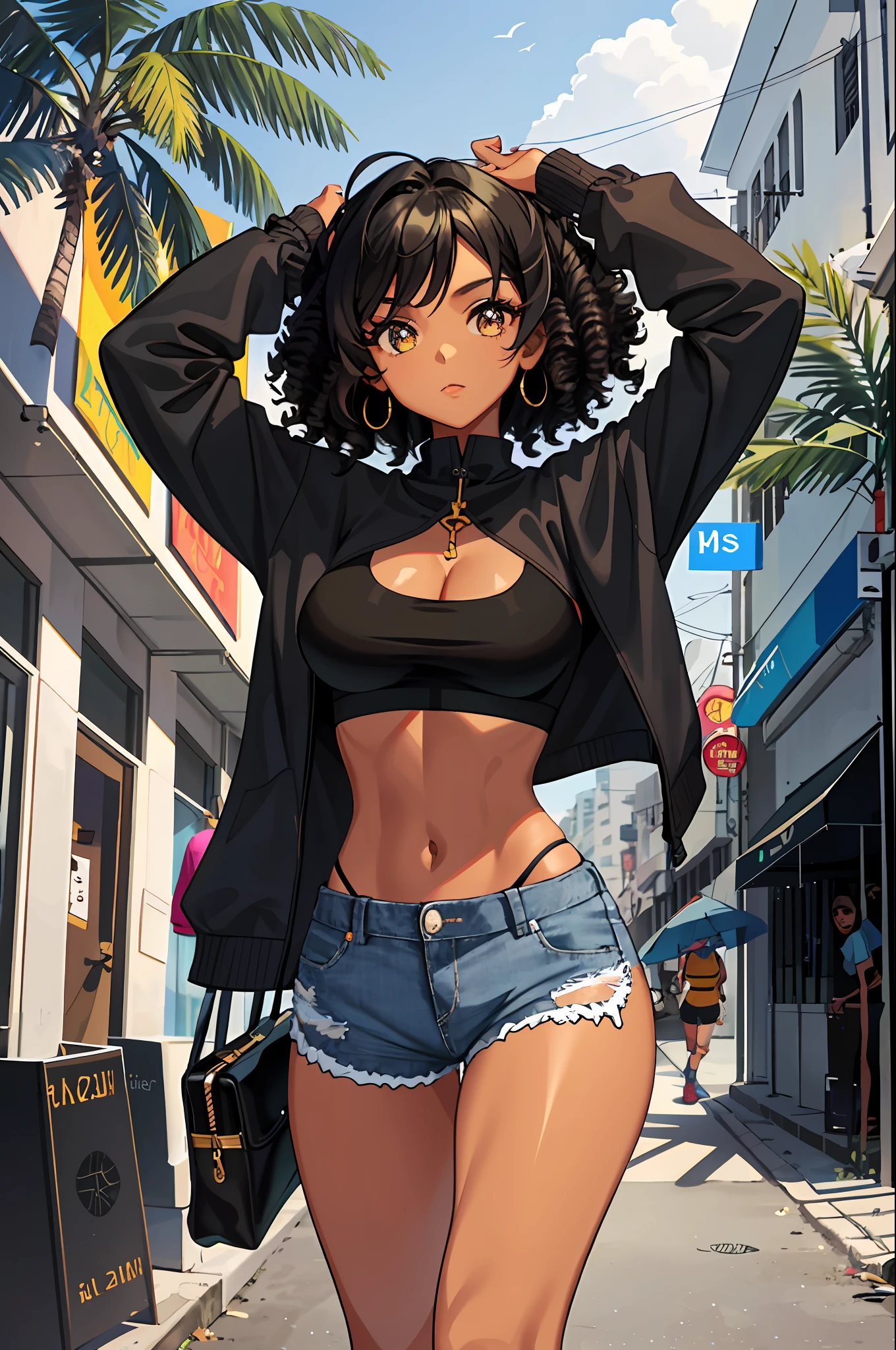 1girl, masterpiece, best_quality, a black brazilian woman, black curly hair,_eyes, black, large_breasts, Make up, Shorts, denim_shorts, crop_top, navel, midriff, toned, walking in rio de janeiro, (abs:0.8),