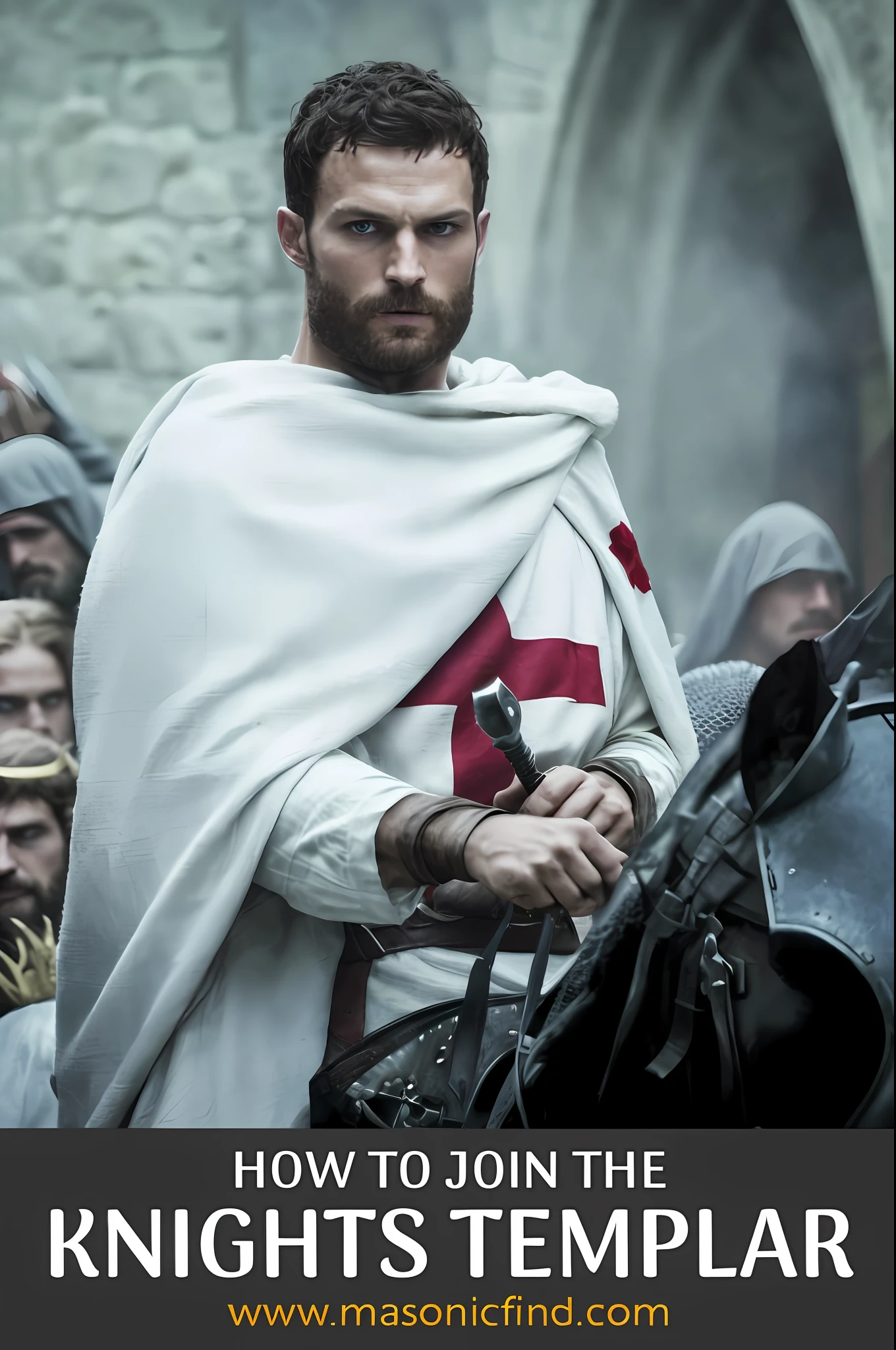 Create a Templar, Knightfall series, wearing white tunic with red cross, dark beard, similar to actor Jamie Dornan, super detail-oriented, realistic, Jamie Dornan, Templar, blue eyes, cinematic style, Knightfall, 8k resolution, best quality, close up.