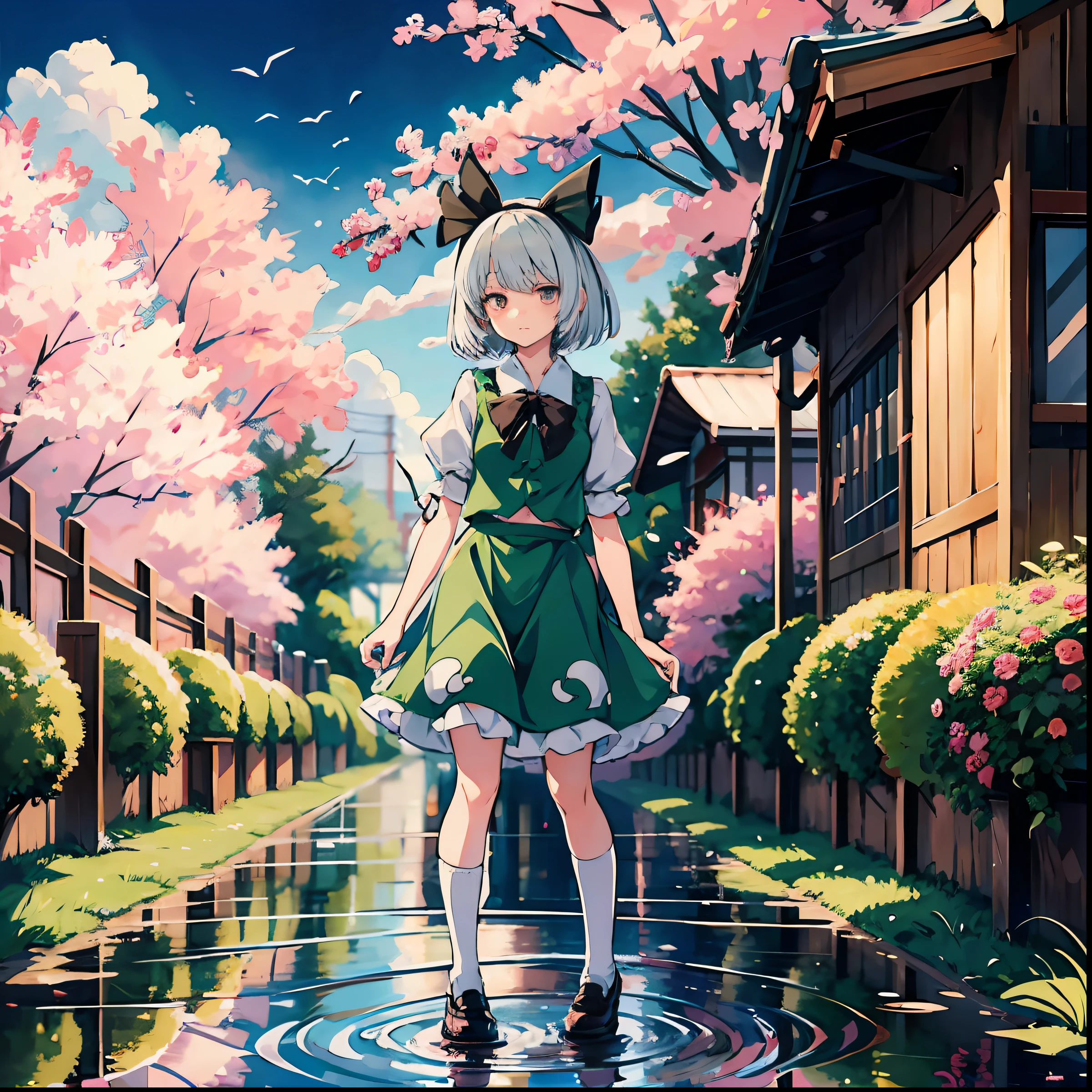 1girl, touhou, {konpaku youmu}, white high socks,standing,{{{{put one’s feet in a puddle}}}}