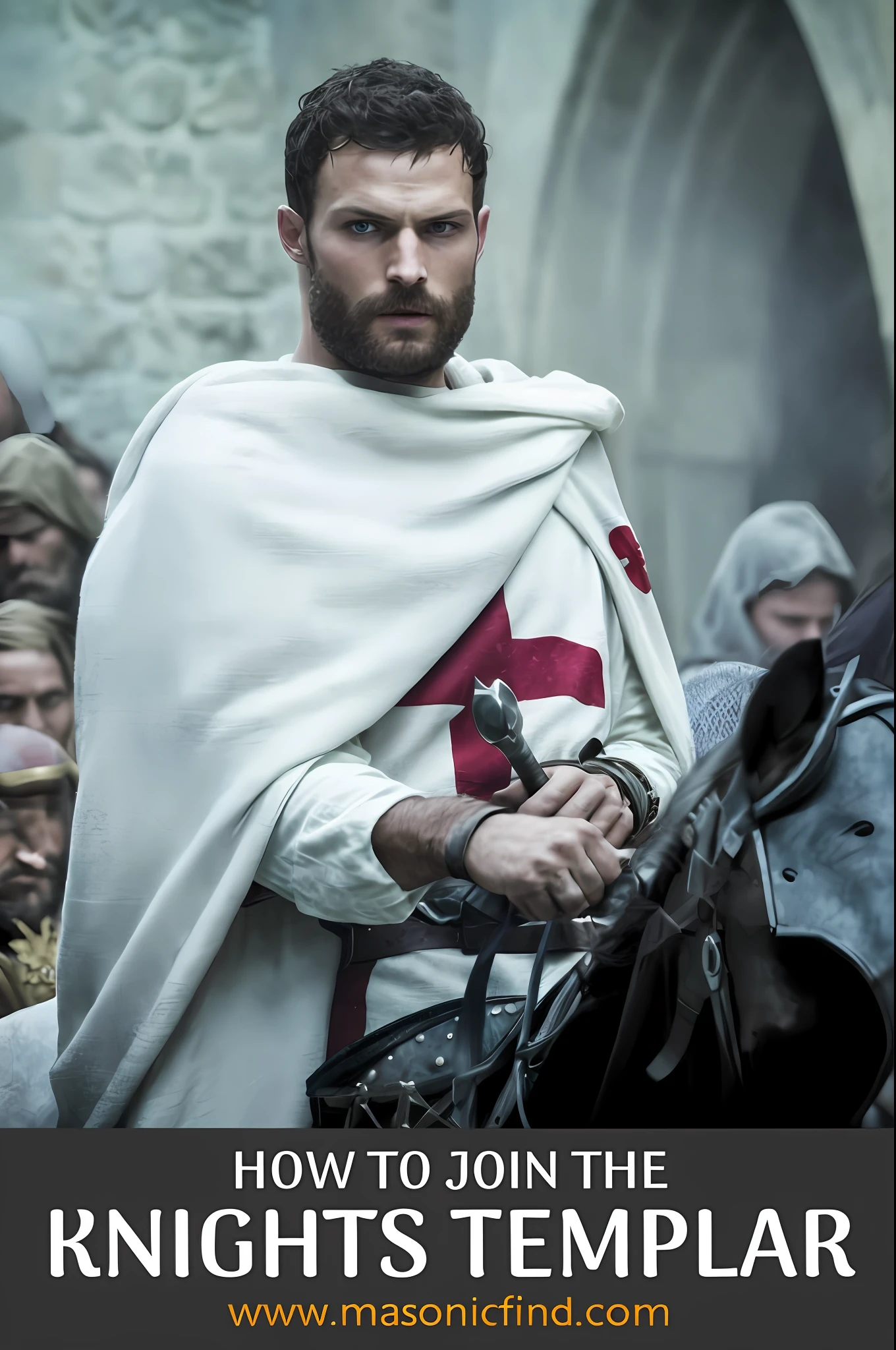 Create a Templar, Knightfall series, wearing white tunic with red cross, dark beard, similar to actor Jamie Dornan, super detail-oriented, realistic, Jamie Dornan, Templar, blue eyes, cinematic style, Knightfall, 8k resolution, best quality, close up.