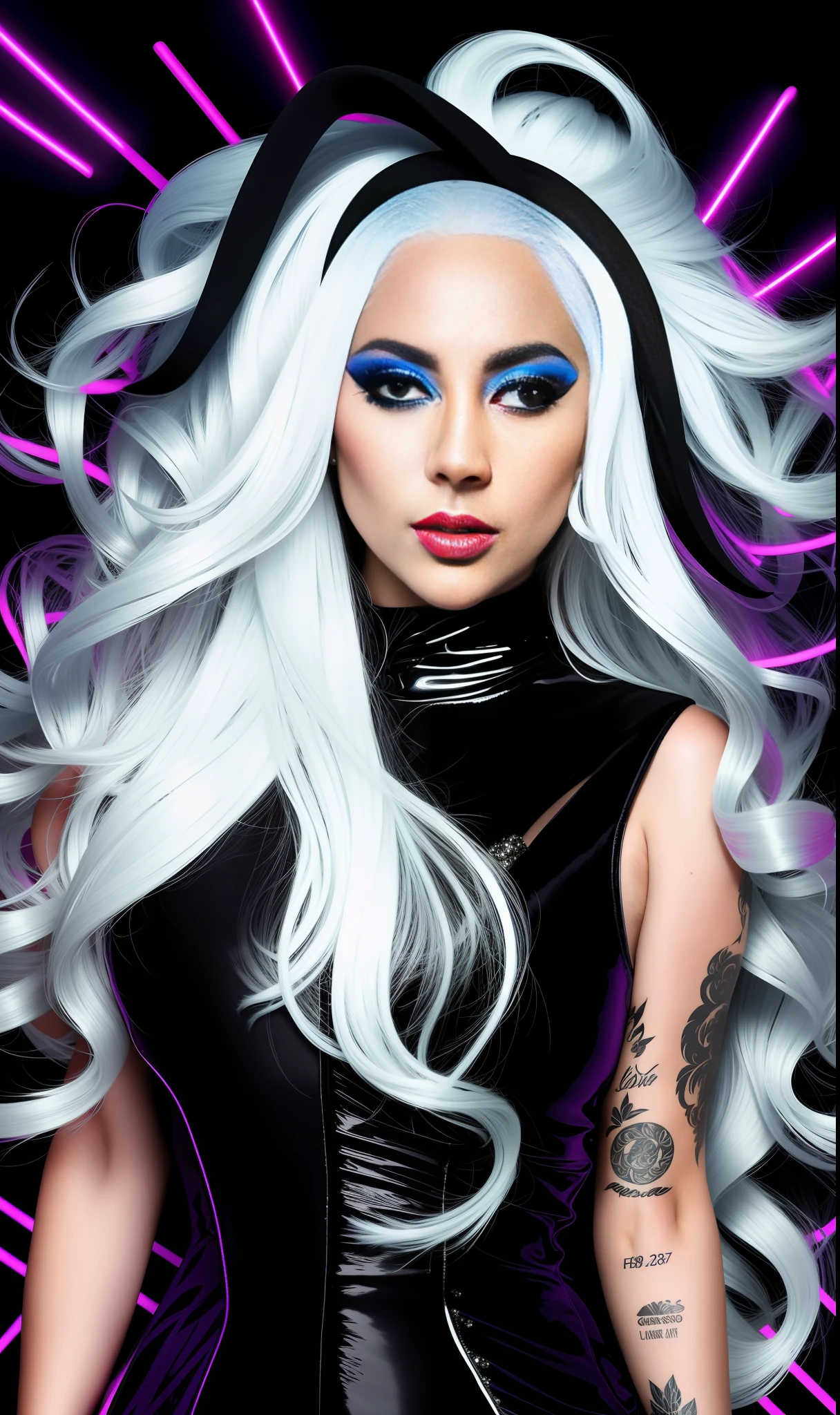 lady gaga with neon print black dress,white hair, 4K texture, long hair, high quality, extravagant hairstyle, original album cover, 8k image, futuristic, high image quality, at night, hair accessories, very realistic and defined face, HD