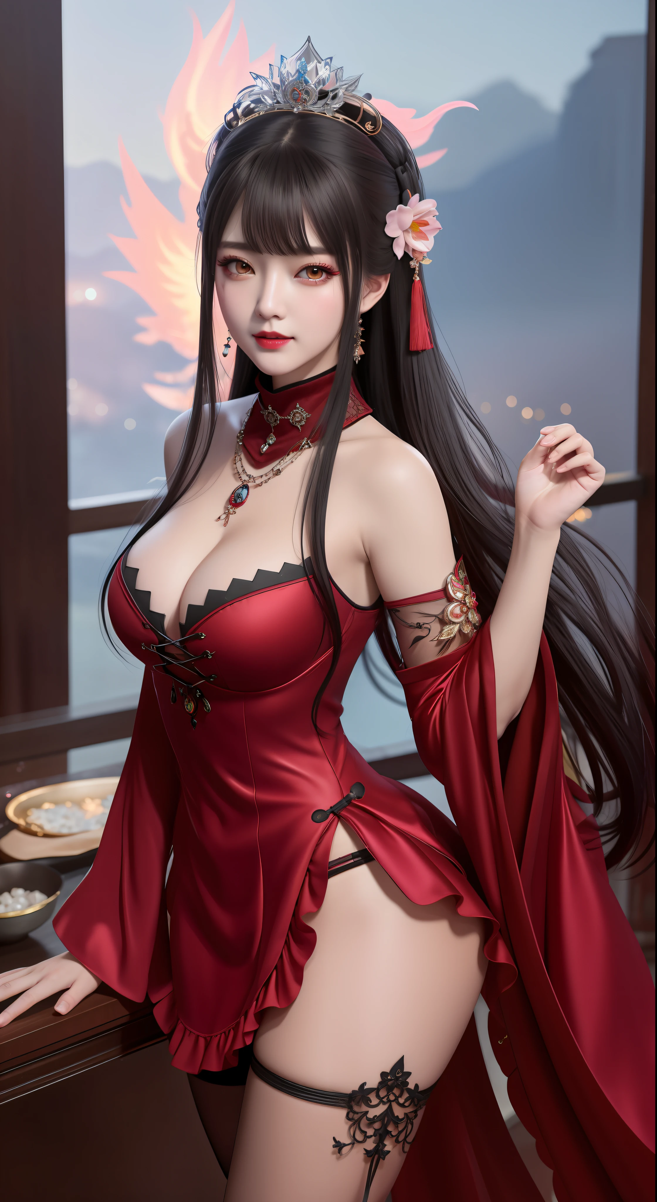 best quality, masterpiece, highres, 1girl, hanfu, white and even teeth, red irises, chinese underwear, hair ornaments, necklace, jewelry, crown jewelry. Pretty face, full body, magic import style, tyndall effect, photo realistic, dark studio, border light, two tone light, (high detail skin: 1.2), 8k uhd, dslr , soft light, high quality, volumetric light, candid, Photo , high resolution, 4k, 8k, Bokeh, (light pink lips), 1 beautiful demon from hell, In the Dark: 1.6 ), surreal full-body women by David Hockney and Alphonse Mucha, fantasy art, photorealism, dynamic lighting, station art, posters, volumetric lighting, highly detailed faces, super 8k, Awarded, in the dark, dark, low light, cowboy lens, (Red phoenix dress: 1.4), long hair, black hair, bust, luxury palace, Royal family style family, devil's crown, red eyes with very sharp and detailed makeup, Best face, Very round and firm breasts, Surreal, chinese women's long clothes, buds Charming smile, Pretty eye makeup, guweiz, devil style, mesh stockings with lace-up waist sock, thigh-length top, dark red turtleneck turtleneck, ponytail with bow at the back , dark red lips, Devil tattoo on shoulder, overcast and thunderous landscape, (full body), Close-up of main character, (Background detail 1.8), lace-up tights, medium-sized butt,