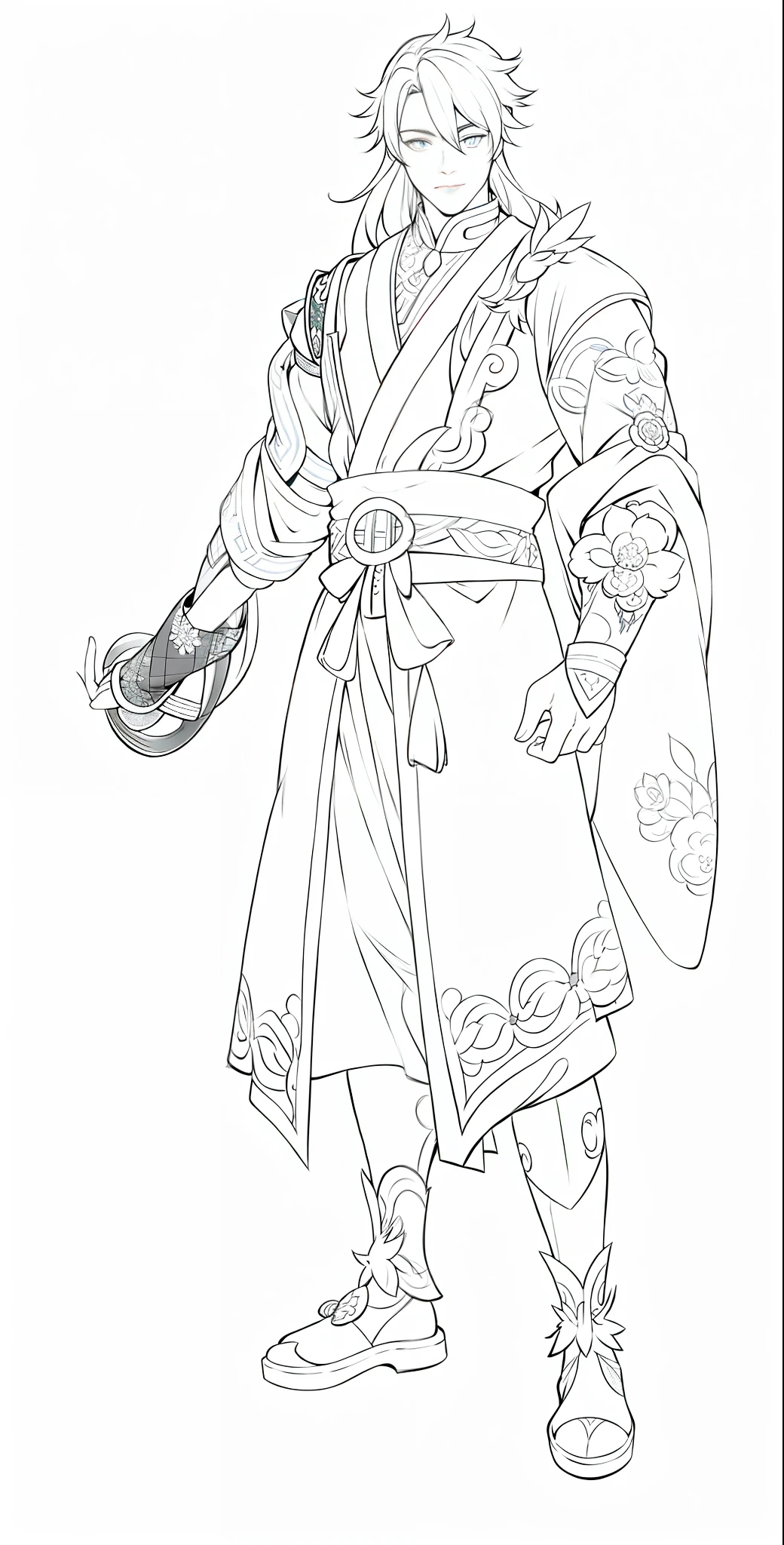 A robe man painting clean line art, medium long hair, Chinese pattern, detailed full body concept, full body concept, line,