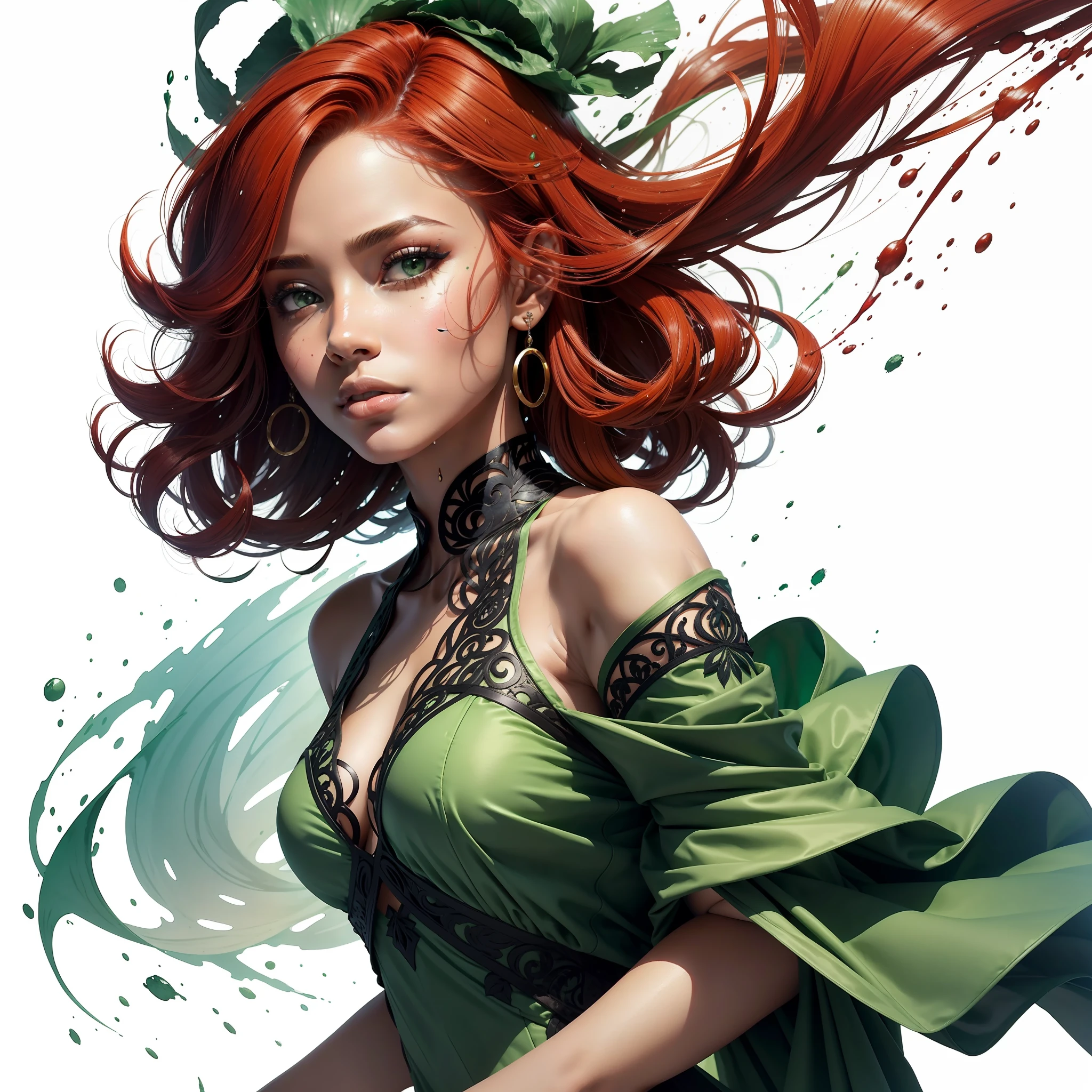 A black woman with red hair and light green eyes, wearing elegant party clothes, with scattered contours and white background, intricate details, low key, watercolor, splash