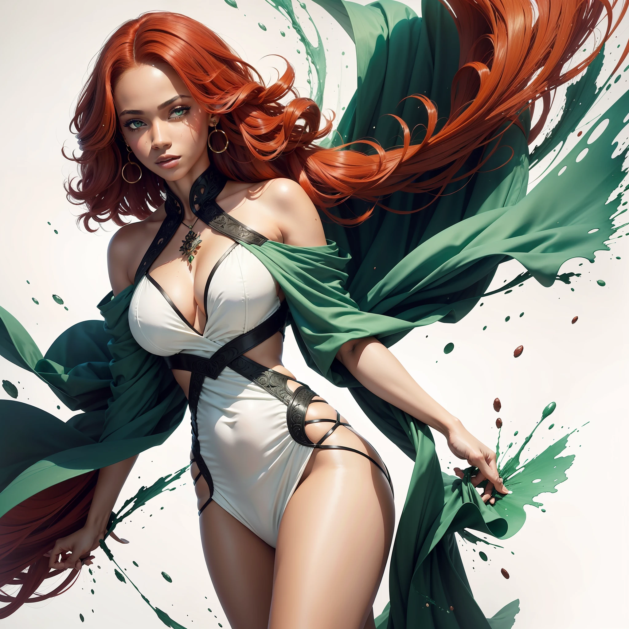 A black woman with red hair and light green eyes, wearing elegant party clothes, with scattered contours and white background, intricate details, low key, watercolor, splash