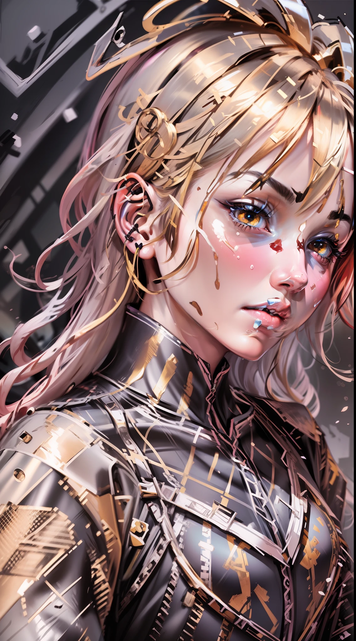 empty eyes, pain, halo, blonde hair, Pop art, Fauvism, chiaroscuro, depth of field, god rays, ray tracing, wide shot, tachi-e, UHD, retina, masterpiece, ccurate, anatomically correct, textured skin, super detail, 8k, high details, best quality