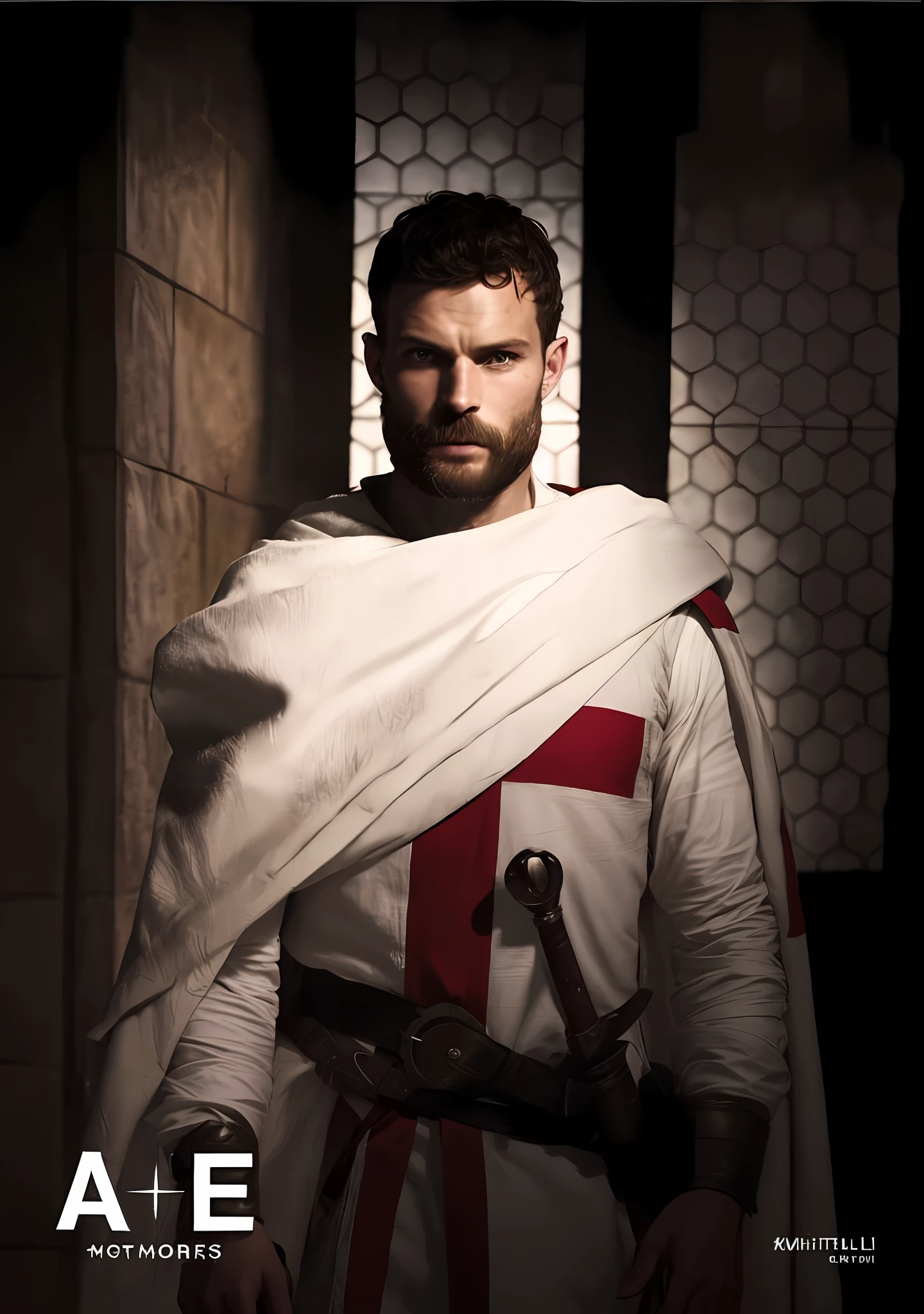 Create a Templar, Knightfall series, wearing white tunic with red cross, dark beard, similar to actor Jamie Dornan, super detail-oriented, realistic, Jamie Dornan, Templar, blue eyes, cinematic style, Knightfall, 8k resolution, best quality, close up.
