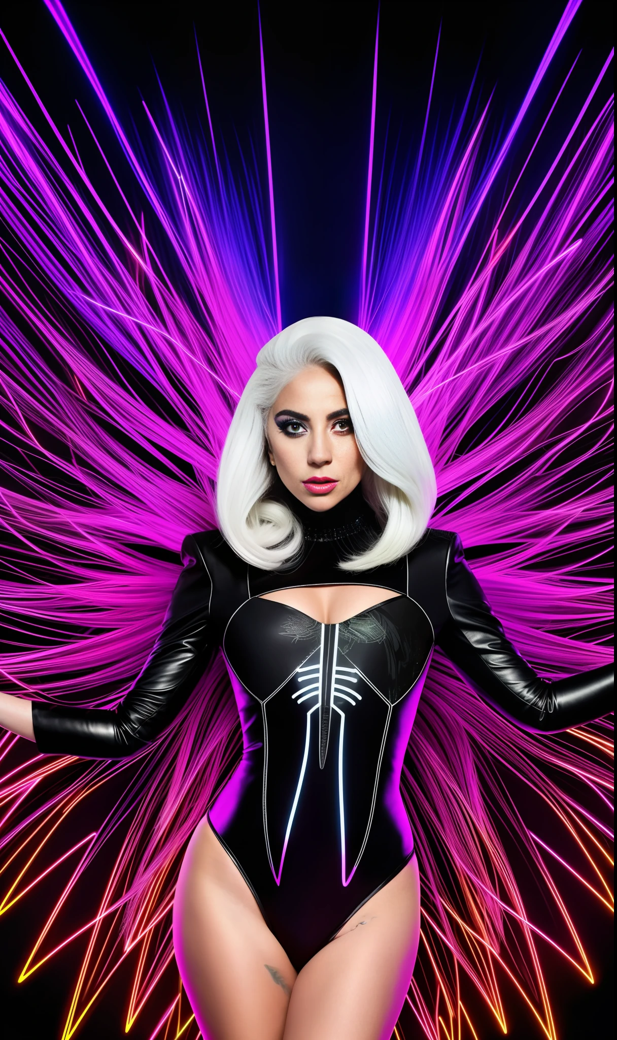 lady gaga with neon print black dress,white hair, spider woman, 4K texture, long hair, high quality, extravagant hairstyle, original album cover, 8k image, futuristic, high image quality, at night, hair accessories, very realistic and defined face, HD