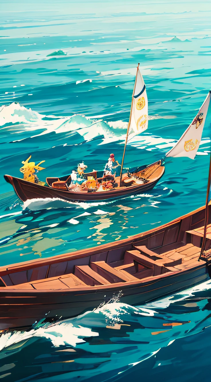 Dragon Boat Festival, Dragon boat racing, Yellow race person, child, a sea of people, lively, oar, Blue sky and white clouds, Bright sunshine, sweat, rise, A tender face, Effort appearance, elated, boating, green, The sun shines on everyone's face, rococo style, blind box toy style, close-up, atmospheric perspective, wide shot, best quality, masterpiece, high details, super detail --auto --s2