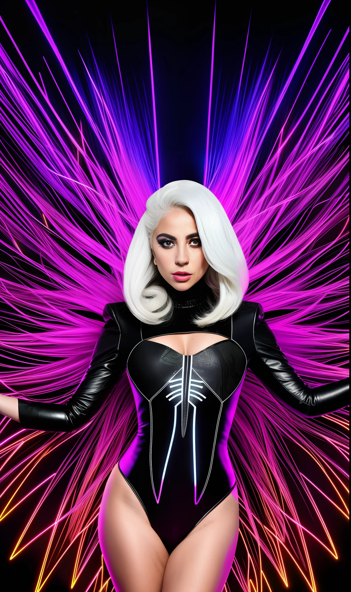 lady gaga with neon print black dress,white hair, spider woman, 4K texture, long hair, high quality, extravagant hairstyle, original album cover, 8k image, futuristic, high image quality, at night, hair accessories, very realistic and defined face, HD