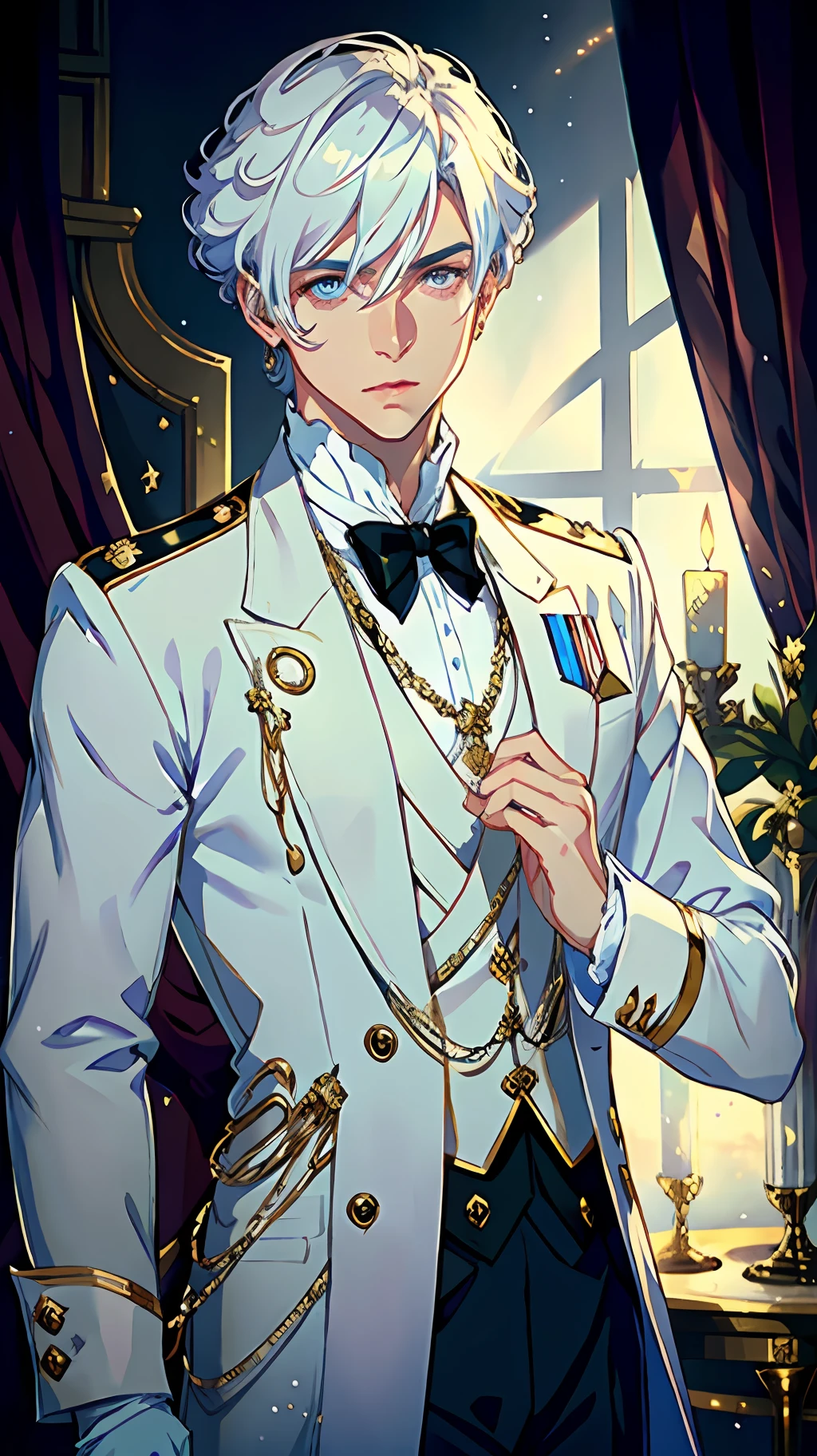 Prince, Young Man, Male, 1boy, Mature Male, Manly, portraying delicate eyes, Opal eyes, depicting delicate facial features, white uniform, white gloves, aristocratic dress, ribbon, medallion, extreme detail, delicate depiction, royalty, elegant, noble, royal dress, depth of field effect, background is palace, dramatic composition, dynamic pose, look at the camera